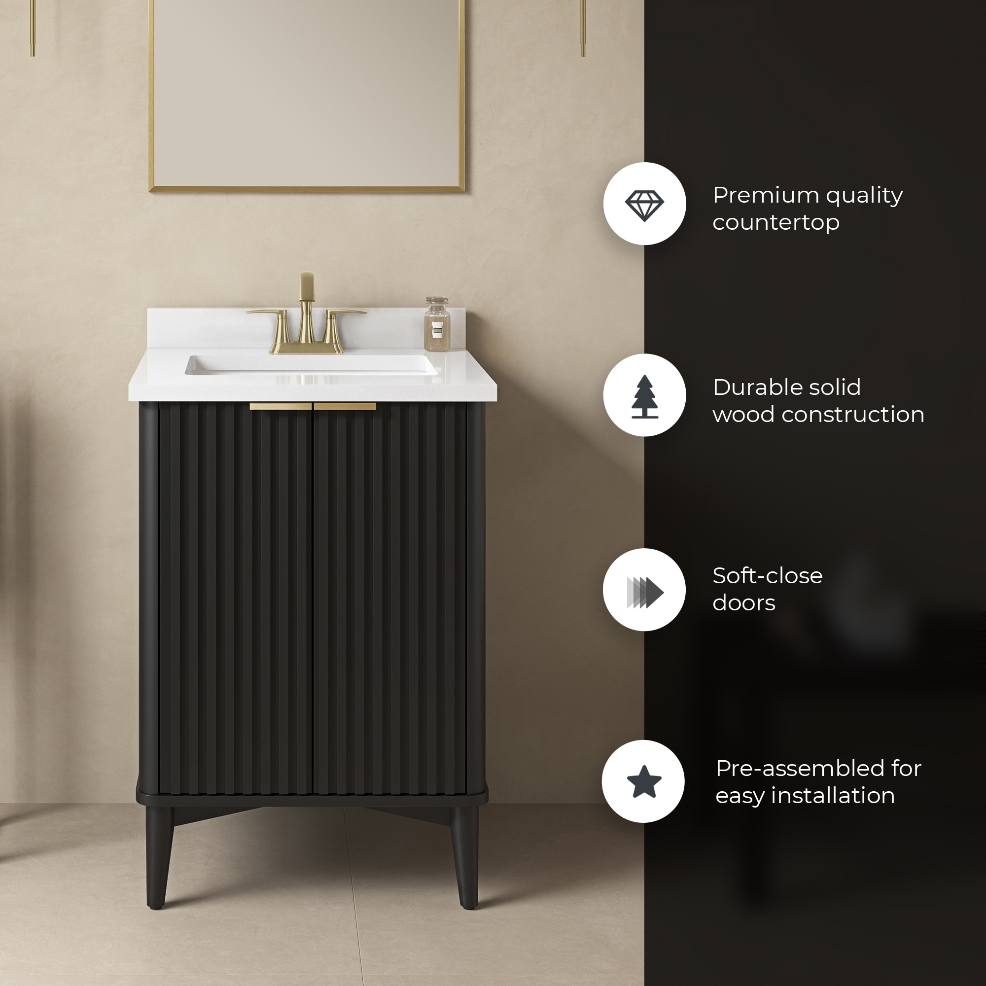 Gabi 24" Black Undermount Single Sink Bathroom Vanity with White Marble Top