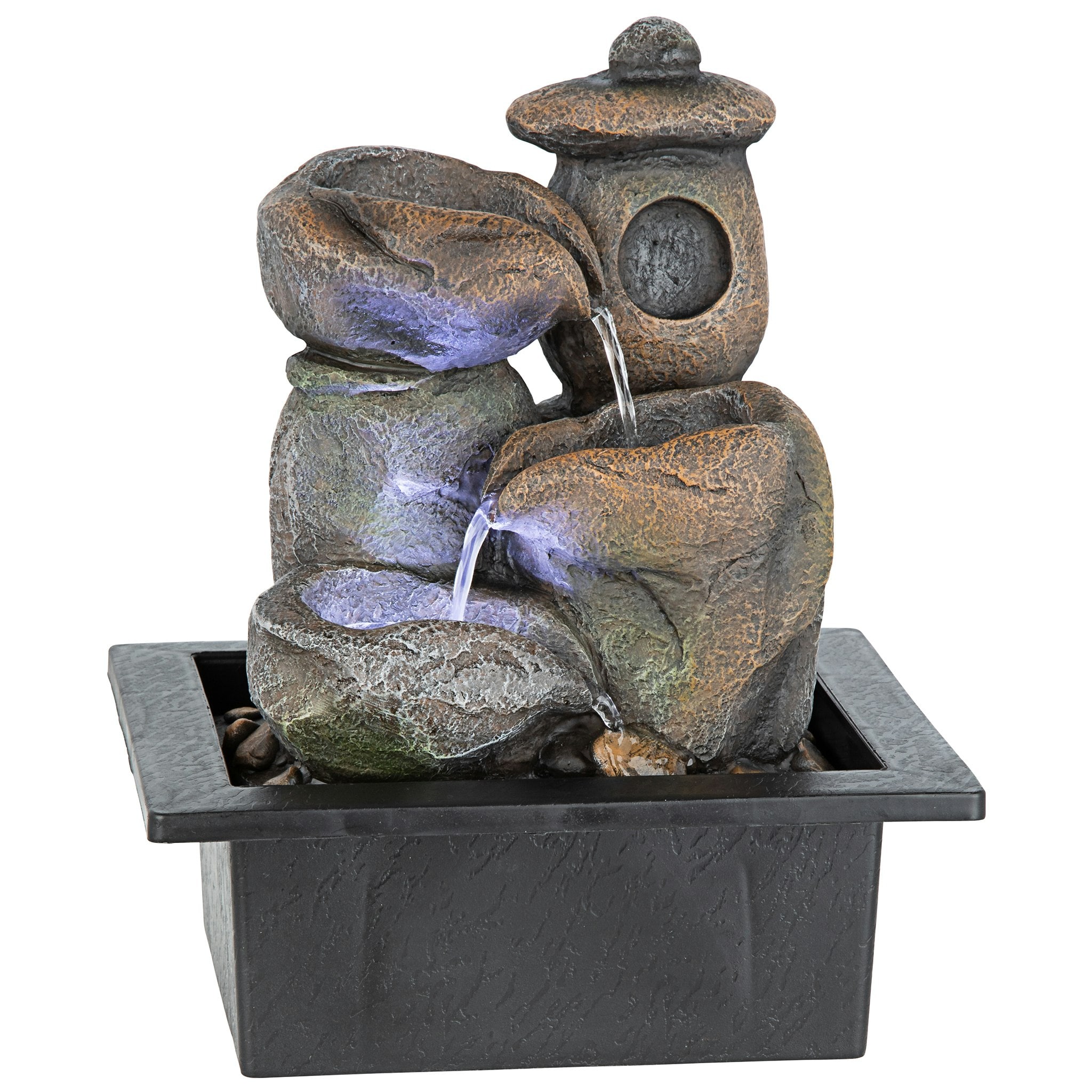 Japanese-Style Stone Pagoda Tabletop Fountain with LED Lights