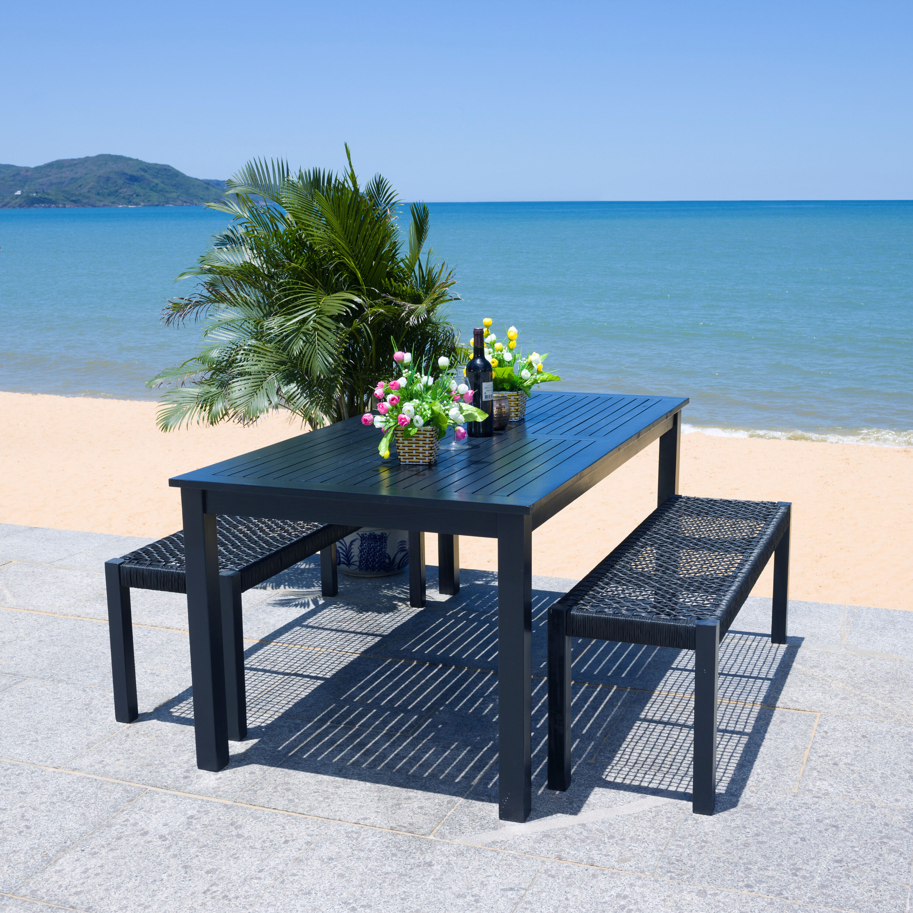 Aquina Black Acacia Wood Dining Set with Woven Rattan Benches