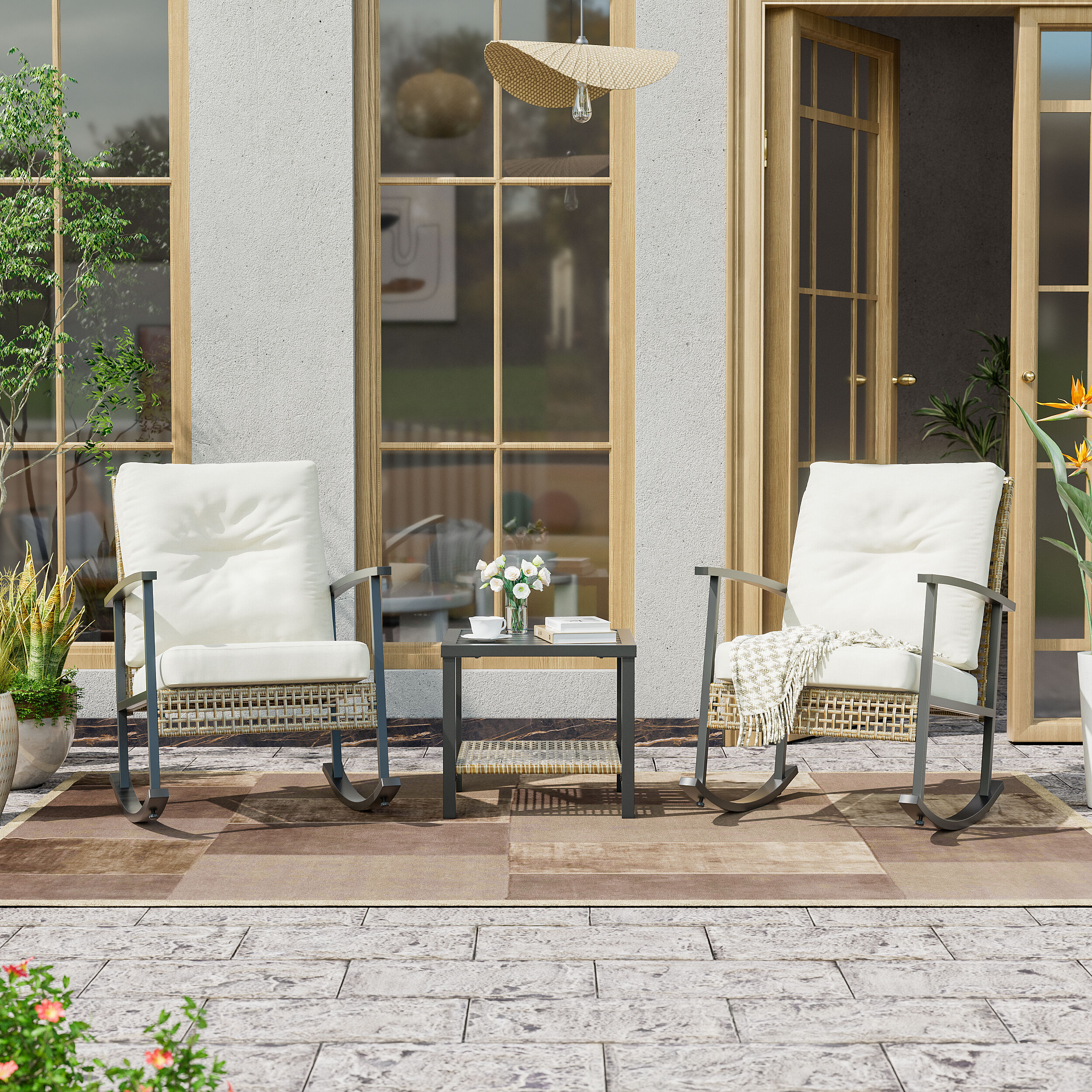 PAKASEPT TTAK004WXY0717 Rattan Patio Conversation Set with White Cushions