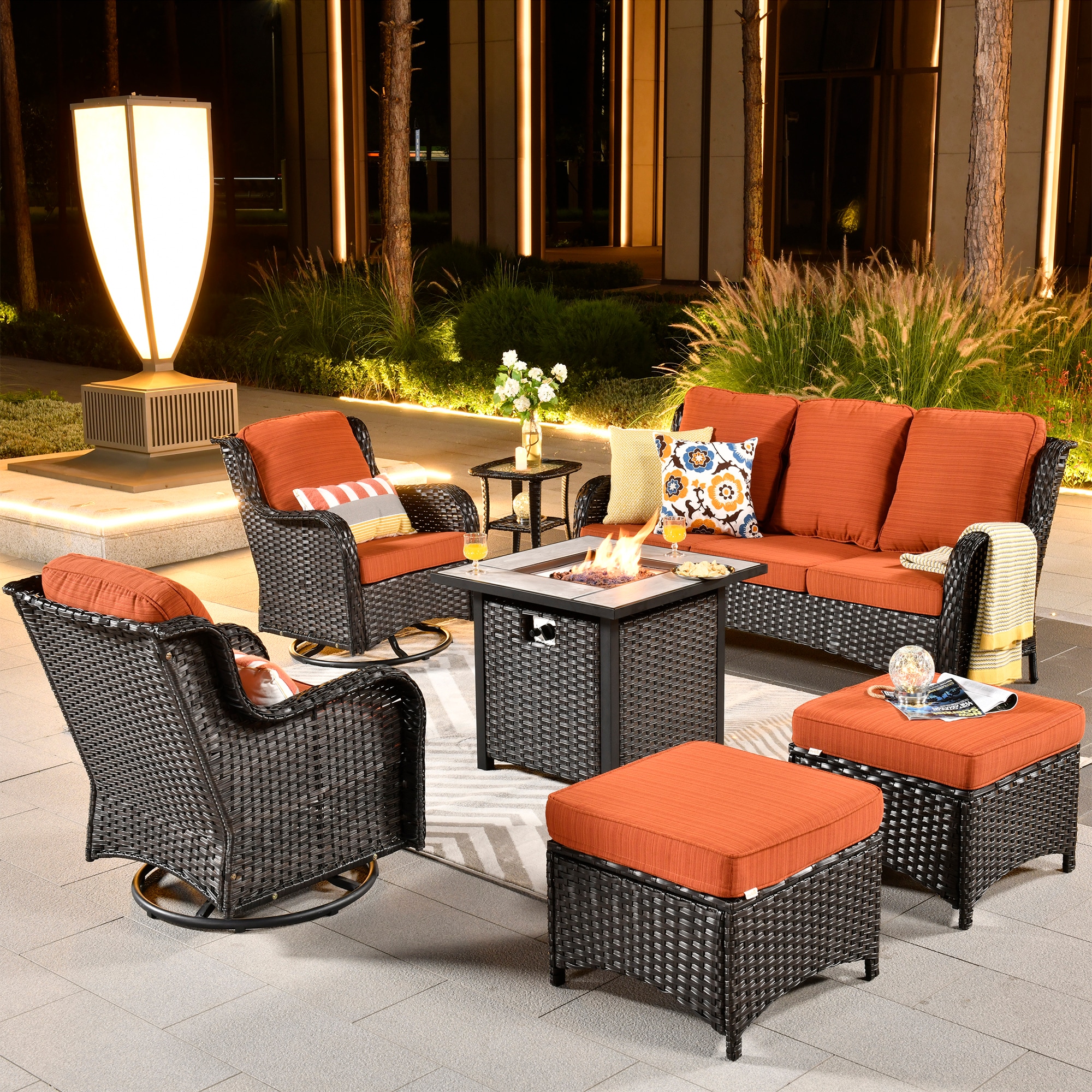 Backyard Diensday Outdoor Furniture 4-Piece Conversation Set All Weather Brown Wicker Deep Seating with Beige Water-Resistant Olefin Cushions & Sophisticated Glass Coffee Table Pool Patio Porch 