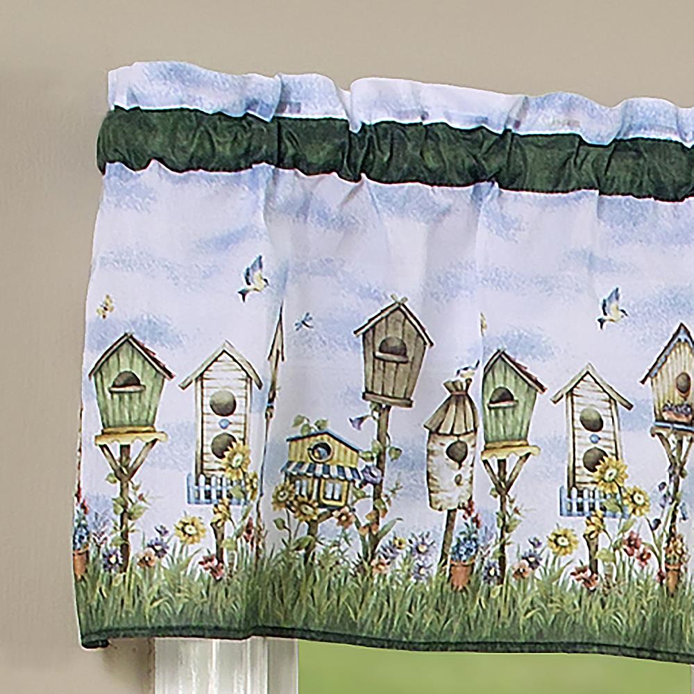 Pistachio Green Floral Birdhouse Print Tier Curtains with Valance