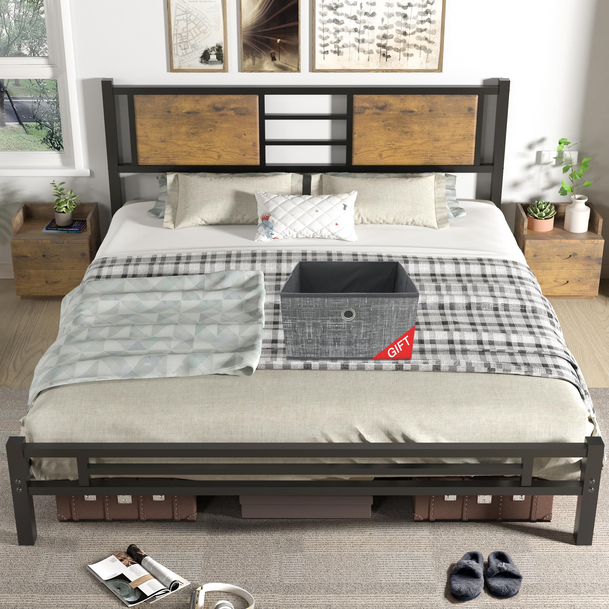 LTMATE LSCHYX-RBT12-HSMQ Black+Brown Queen Wood and metal Bed frame Bed with Storage