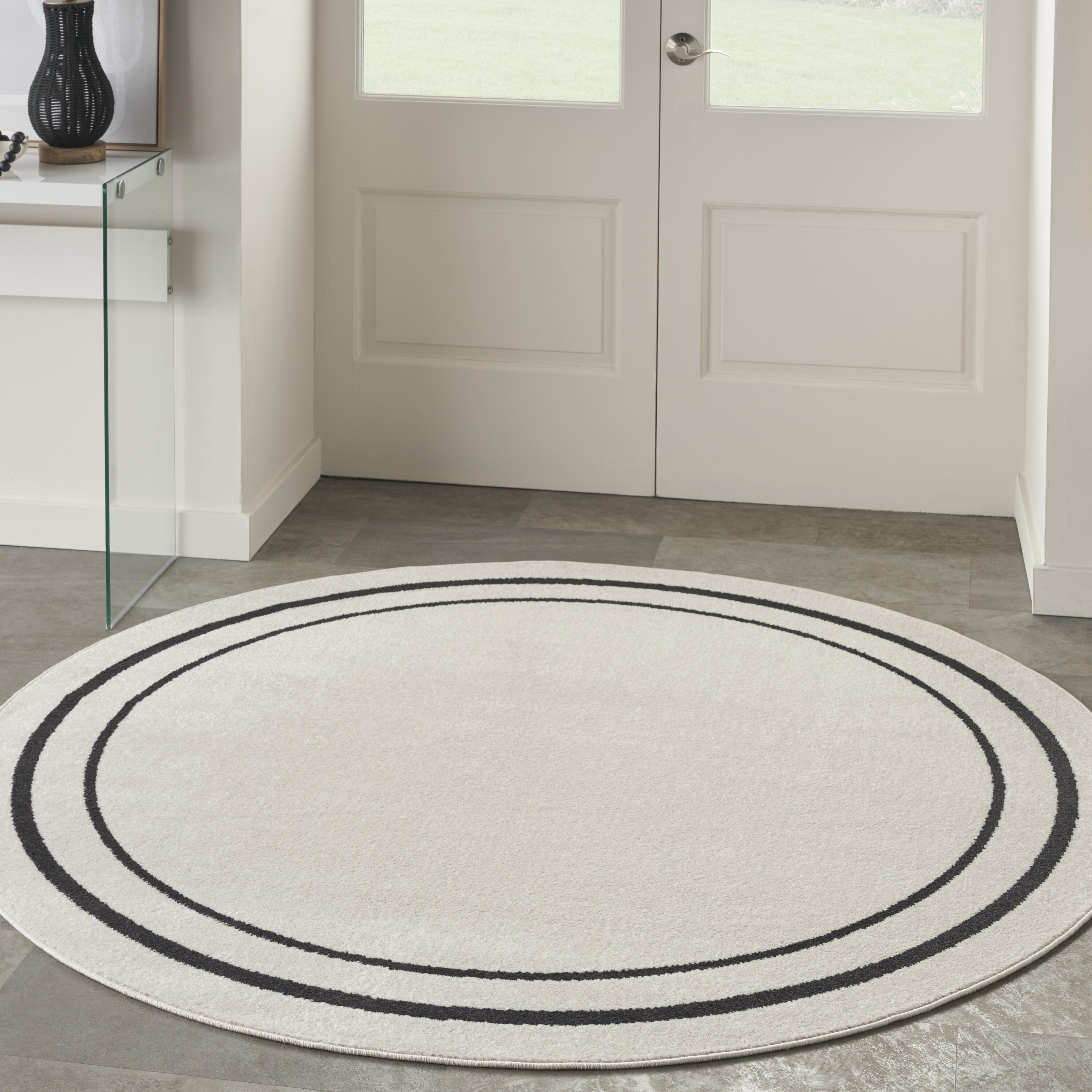 Nourison 099446148247 Essentials 4 x 4 (ft) Loomed Polypropylene Ivory/Black Round Indoor/Outdoor Area rug