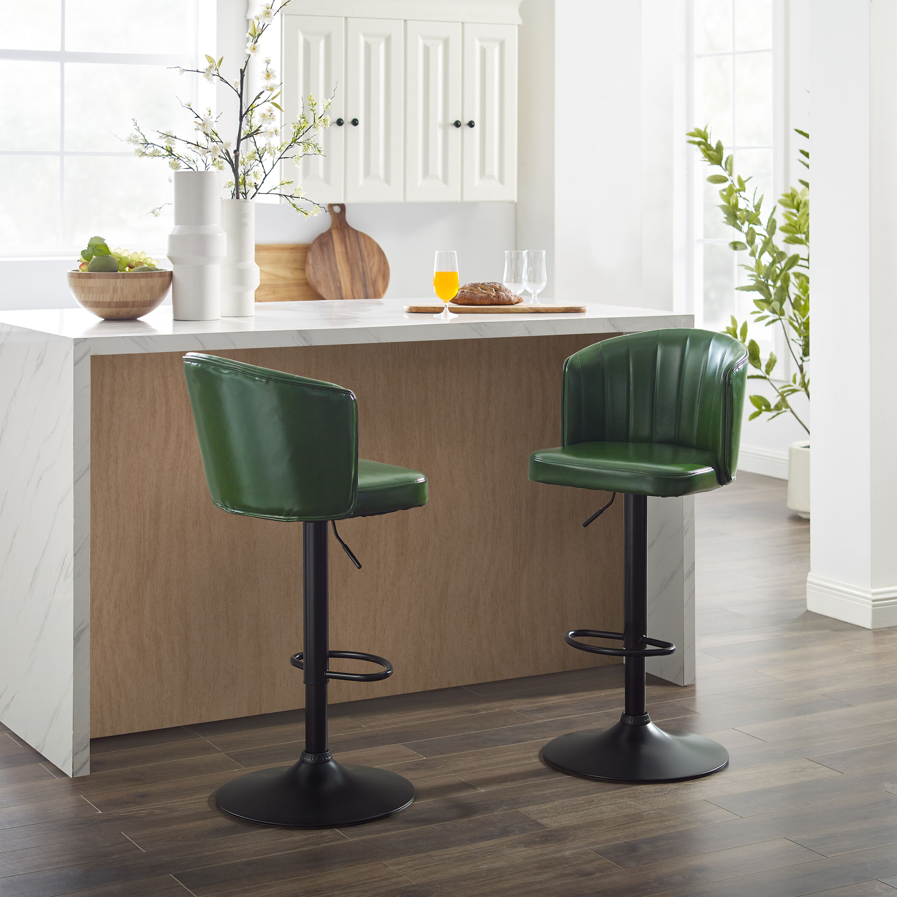 Art Leon BS007-2-GE 2 -Set Green 25.0-in H Adjustable Height Bar height Square seat Upholstered Swivel Wood Bar Stool and Back
