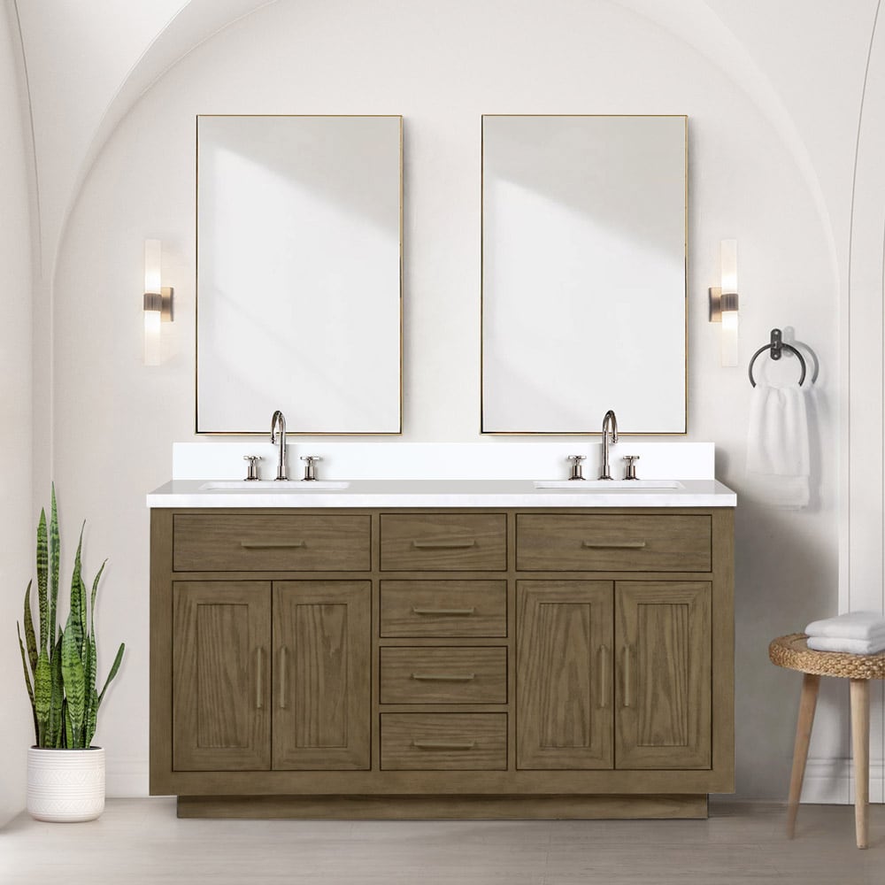 Lexora LVGI60DR301 Gilroy 60-in Grey Oak Undermount Double Sink Bathroom Vanity with White Cultured Marble Top (Faucet Included)