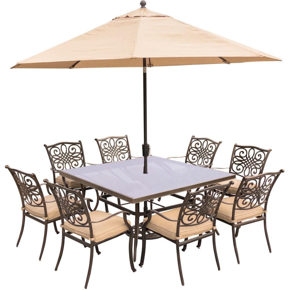 Hanover TRADDN9PCSQG-SU Traditions 9-Piece Bronze Patio Dining Set with Tan Cushions