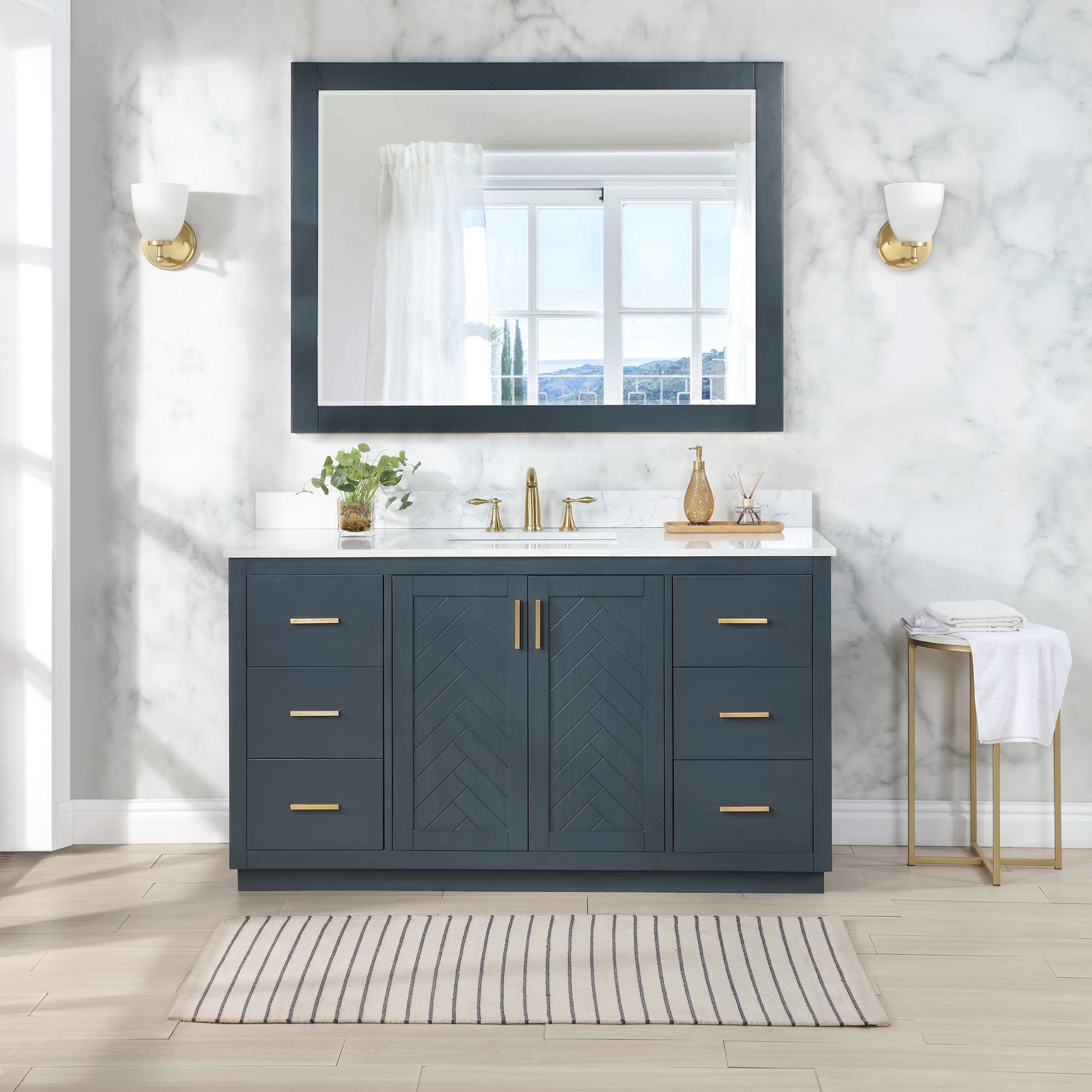 Altair 543060S-CB-GW Gazsi 60-in Charcoal Blue Finish Undermount Single Sink Bathroom Vanity with Grain White Engineered Stone Top (Mirror Included)