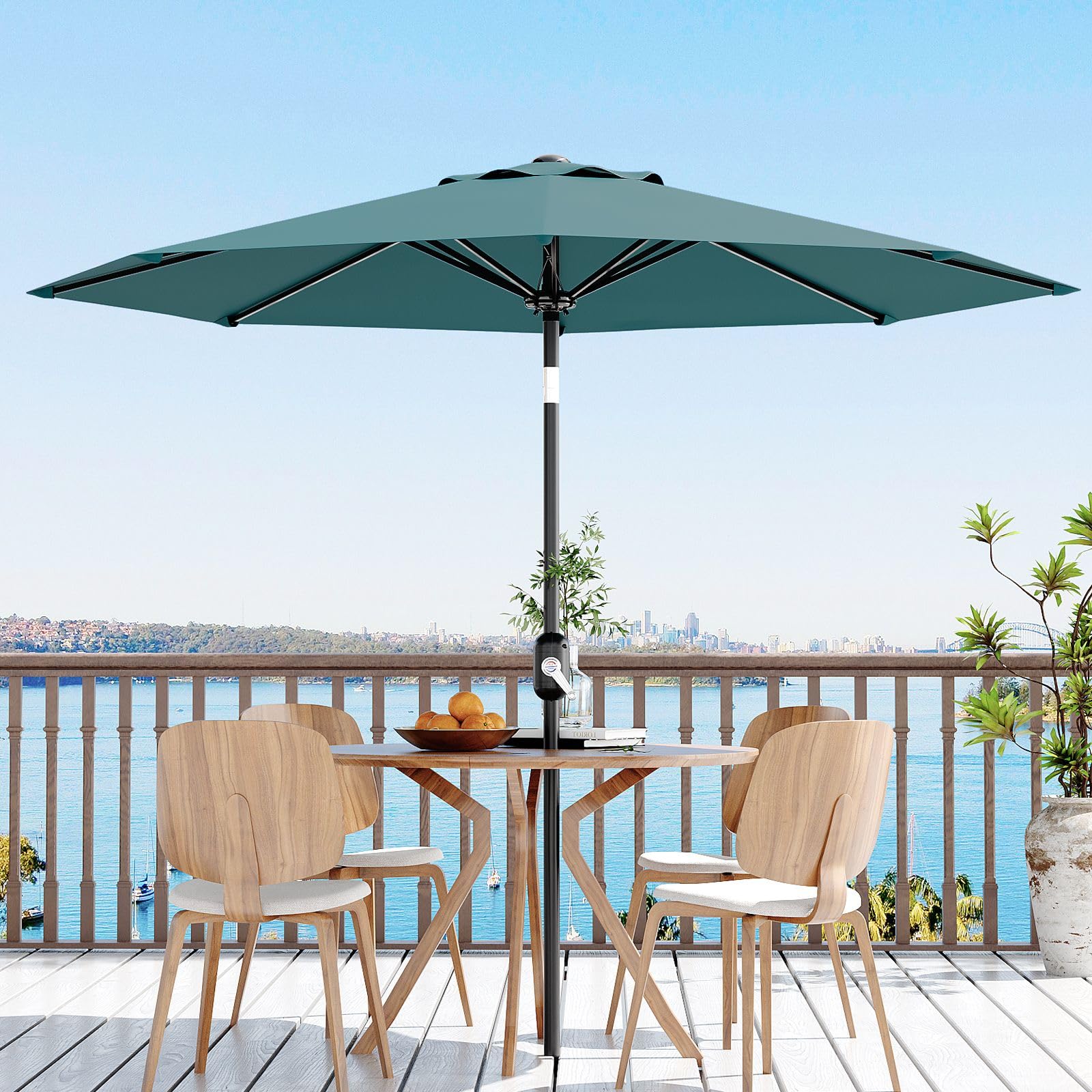 Qeetex SQY-PPG-333J6RFN 9Ft UV Resistant Patio Umbrella 8 Sturdy Ribs Table Umbrella with Easy Push Button Tilt Large Umbrella for Pool Yard and Garden Turquoise Blue