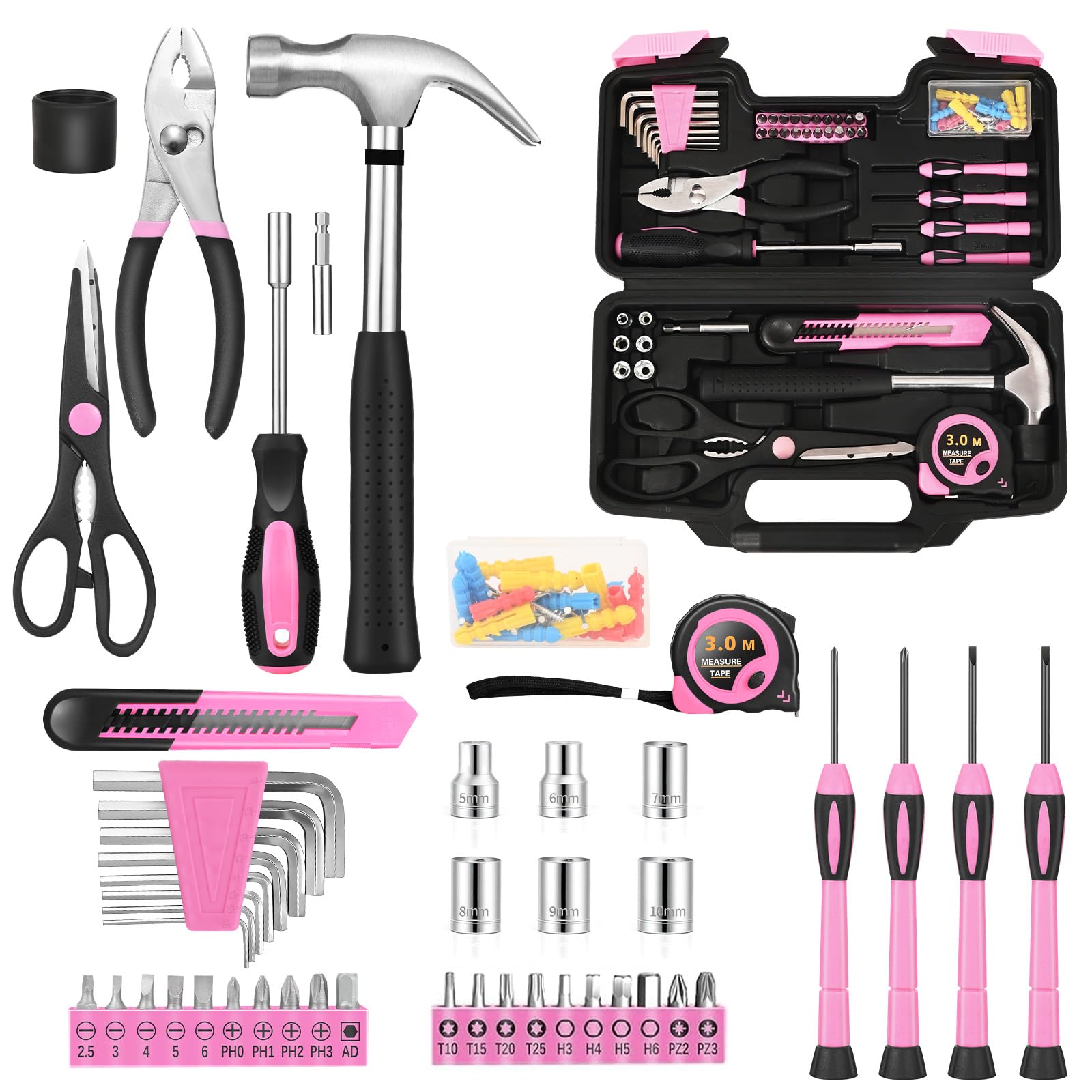 Afoxsos 132 Piece Pink Household Tool Set with Hammer Pliers Screwdrivers Utility Knife Hex Keys Sockets and Storage Case for Home Repairs #LAF1225T42