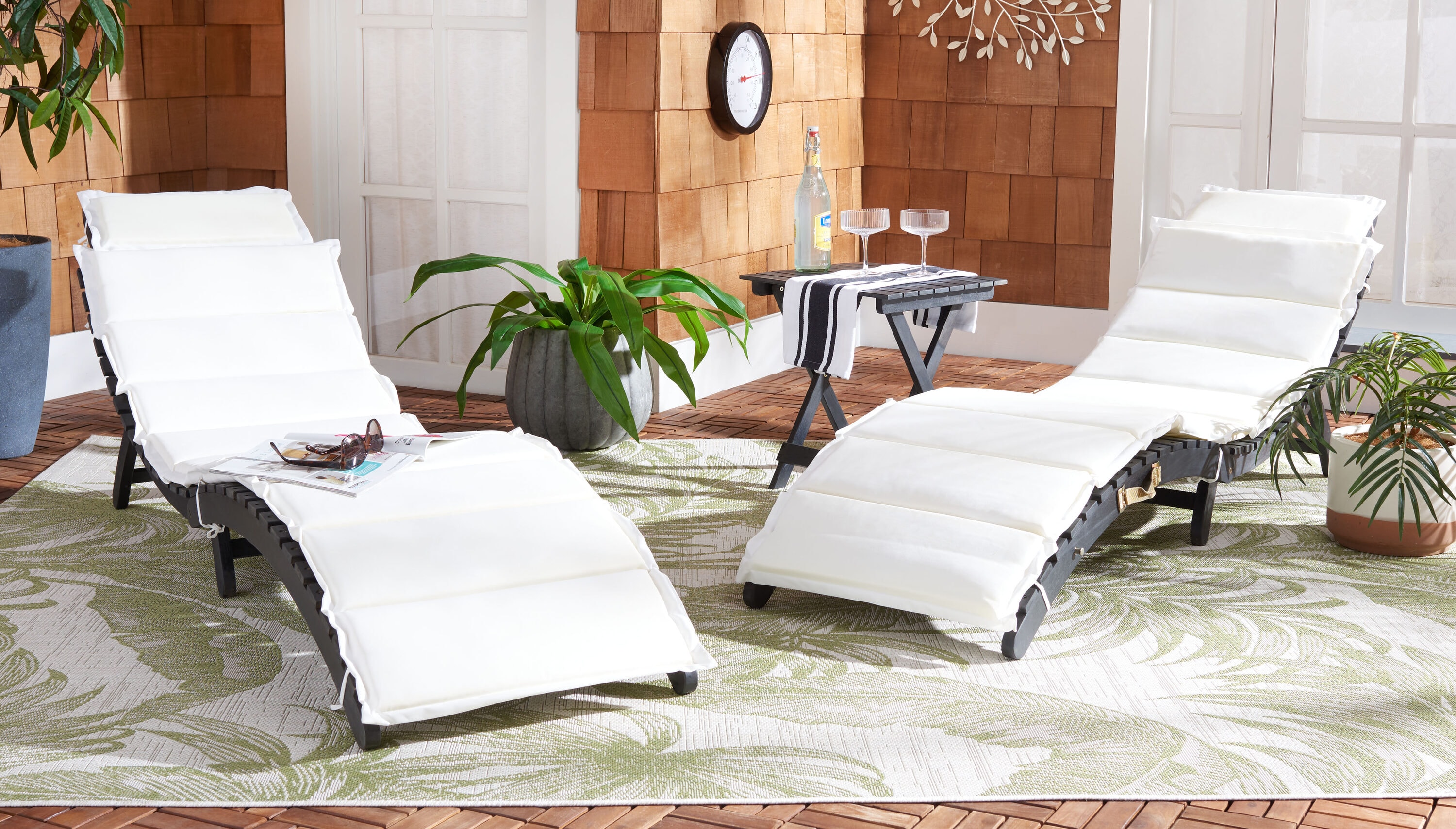 Patio Set of 2 Black Frame Stationary Chaise Lounge Chair(s) with Off-white Cushioned Seat Polyester | - Safavieh PAT7020G