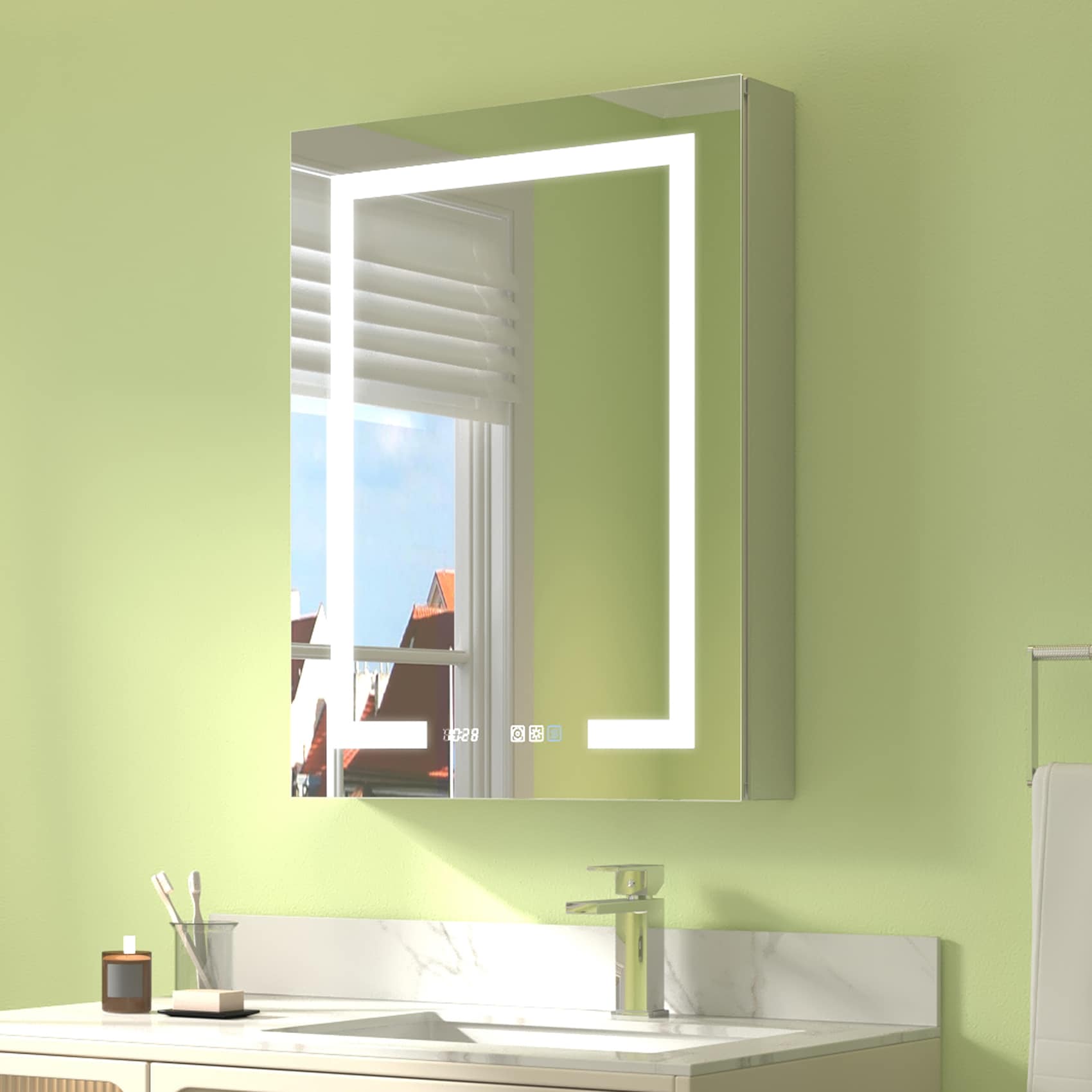 ExBrite LWSDHMC2432V5LX Noctis 24-in x 32-in Lighted LED Fog Free Surface/Recessed Mount Silver Mirrored Rectangle Soft Close Medicine Cabinet with Outlet
