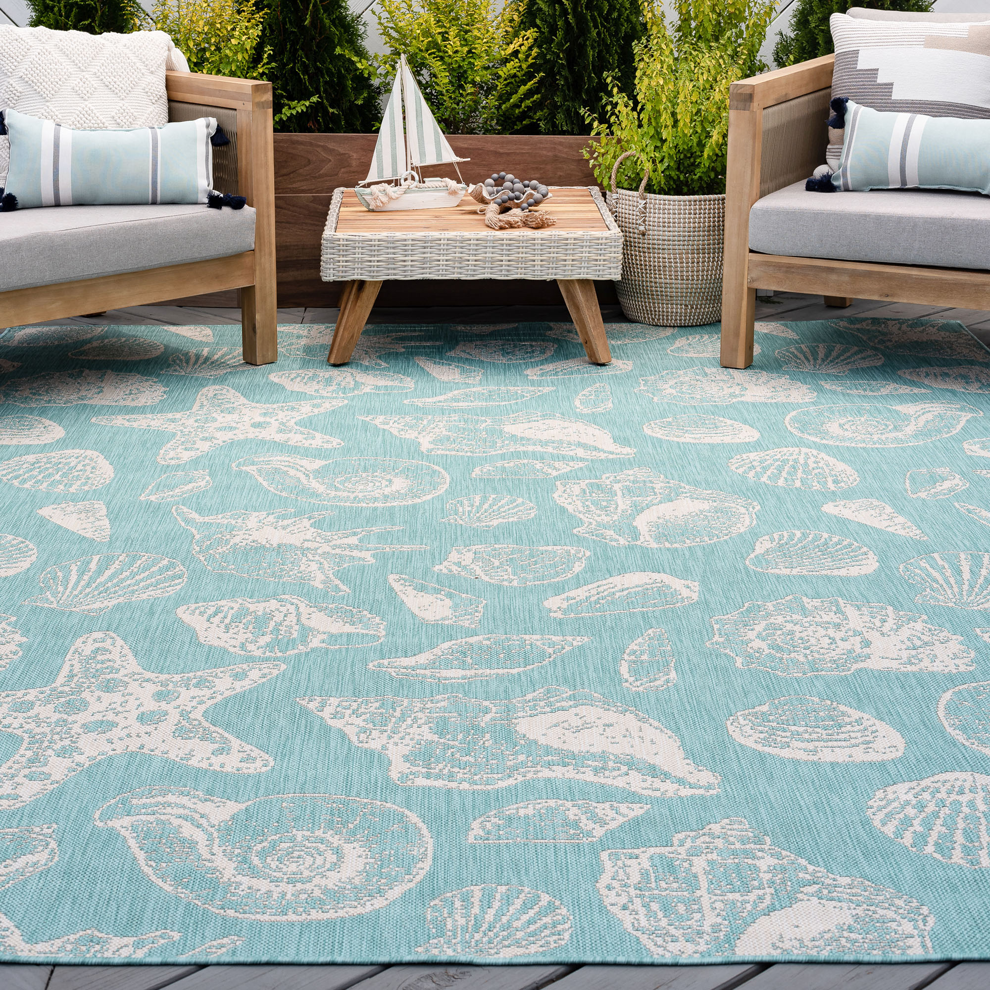 Tayse ECO1406 8X10 Eco 8 x 10 (ft) Flatweave Polypropylene Aqua Rectangular Indoor/Outdoor Animal print Coastal Area rug