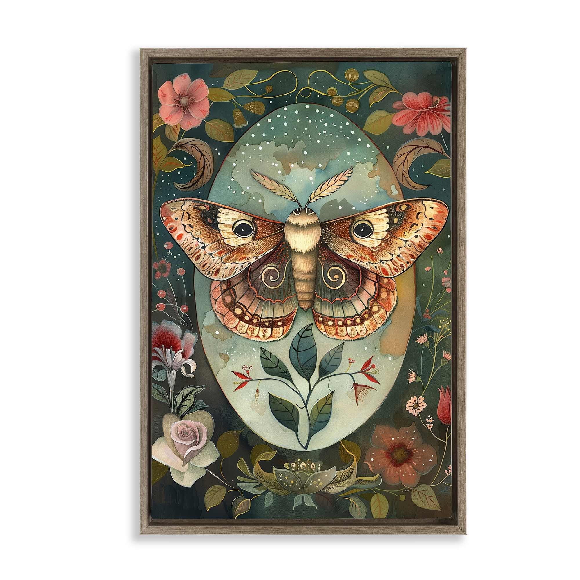 Stupell Industries BT-888-FFE-20X30 Moth with Blooming Florals Brown Framed Floater Canvas Wall Art By The Dutch Lady 21 x 31