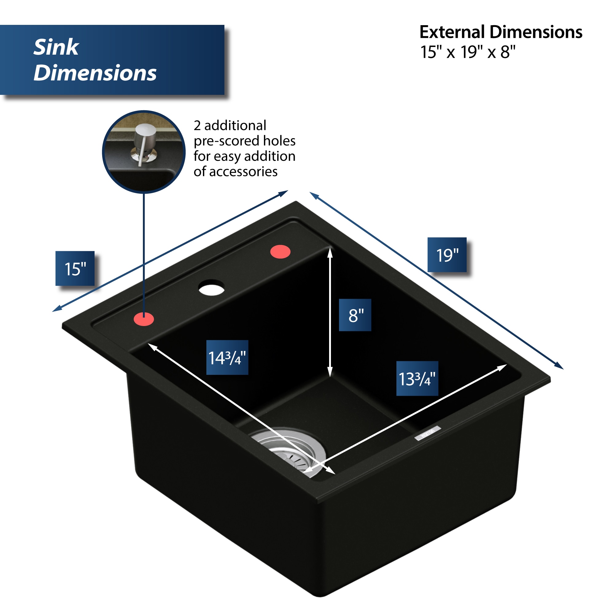 Black Quartz Composite Single Bowl Drop-In Kitchen Sink