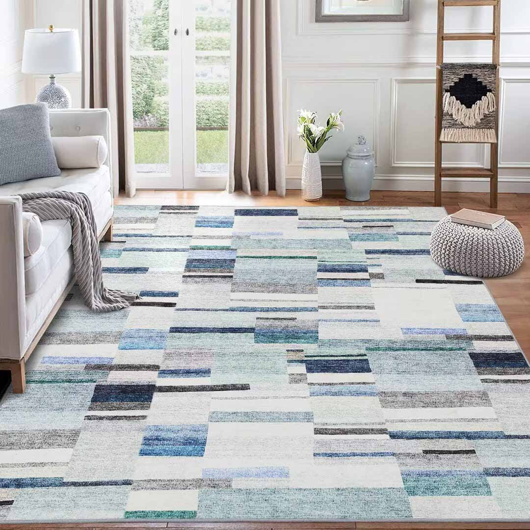 Garvee YXY-LO-PHO-13FUSBWH 9 x 12 (ft) Loomed Polyester Blue Rectangular Indoor Geometric Mid-Century Modern Machine washable Area rug