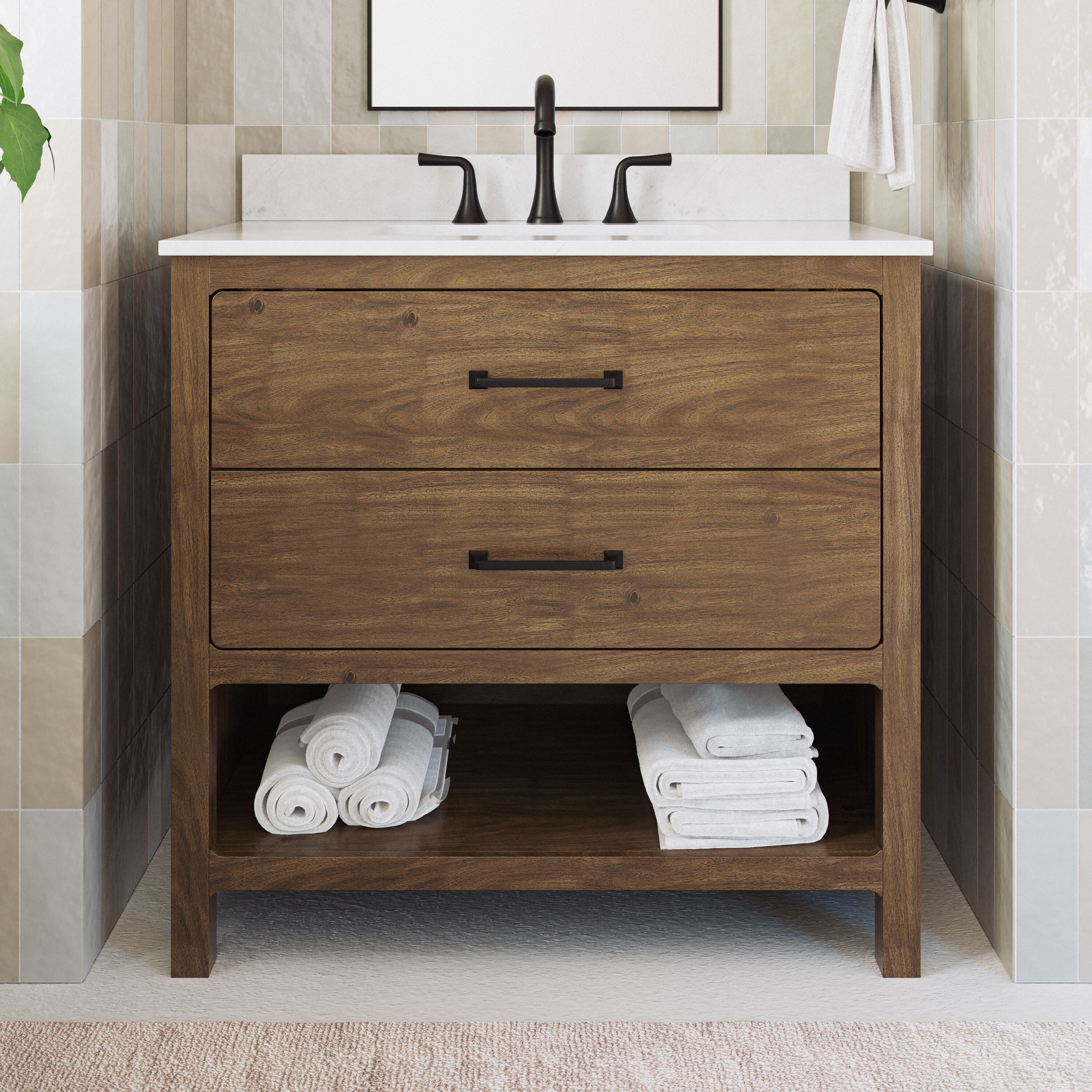 Lenhart 36-in Warm Walnut Undermount Single Sink Bathroom Vanity with White Natural Veining Engineered Stone Top in Brown | - allen + roth LWSLH36V