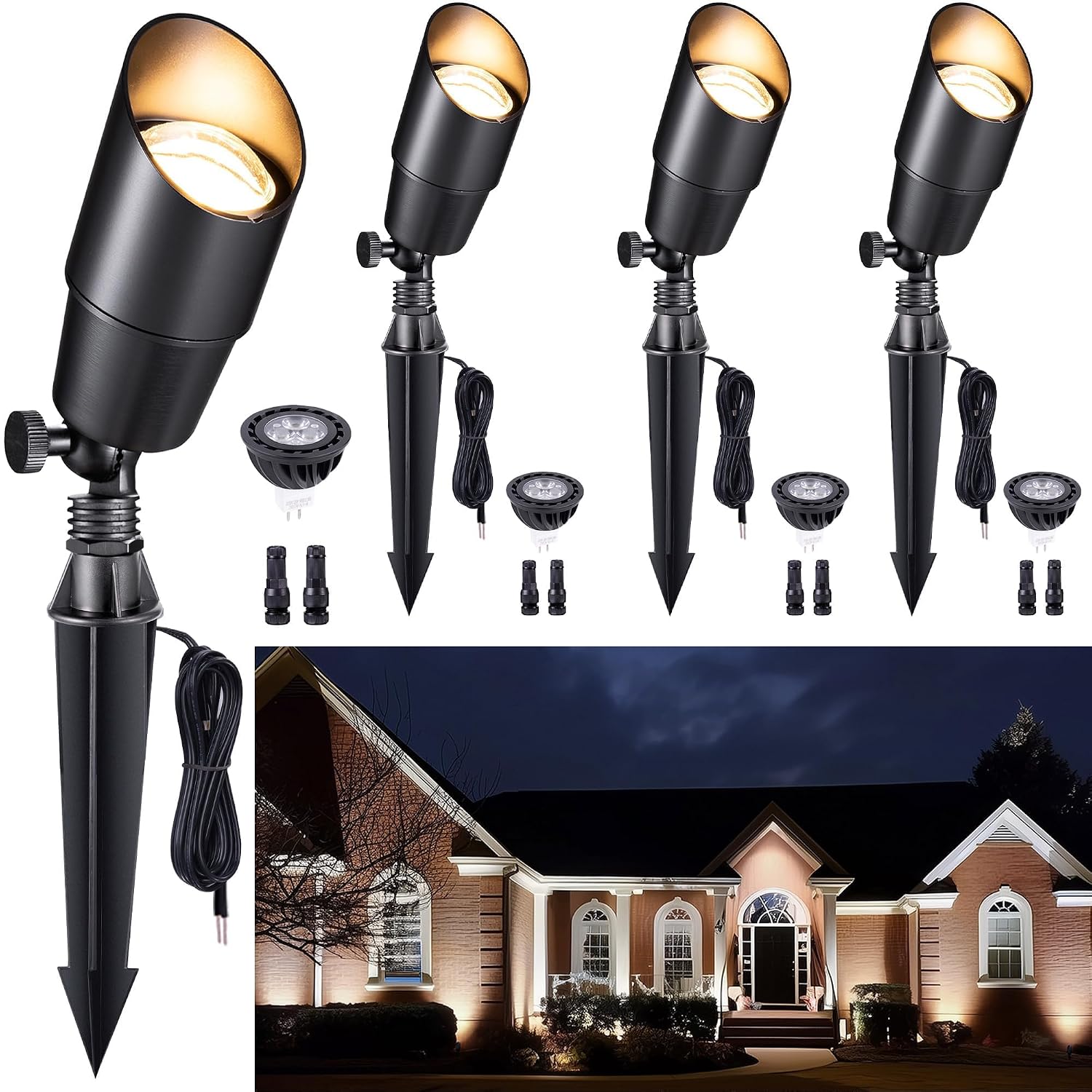 Gardenreet 4-Pack Low Voltage 12V Solid Brass Outdoor Landscape Spotlights with 5W 4000K Natural White MR16 LED Bulbs IP65 Waterproof Wired Uplights for Trees Walls and Flags
