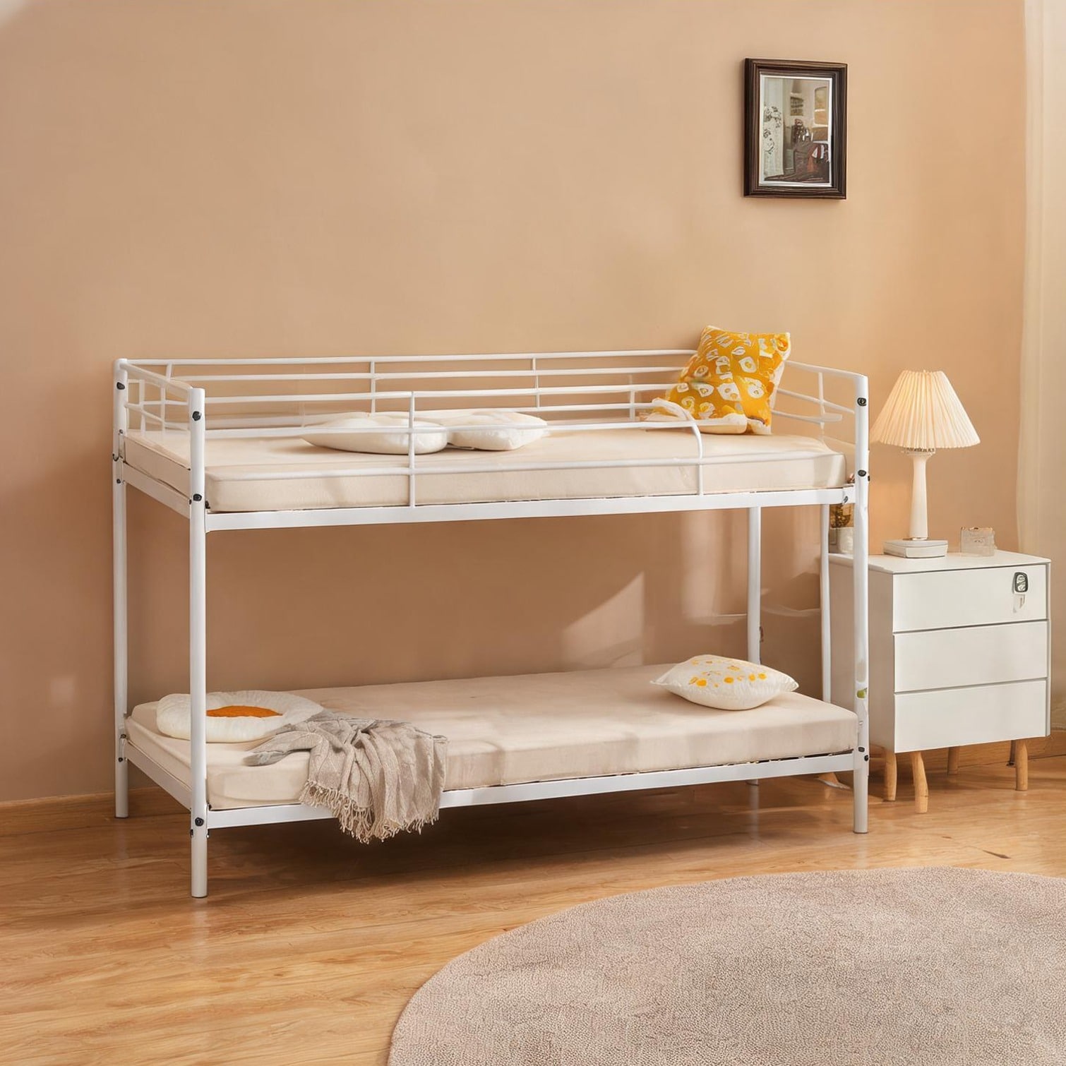 Watnature Full-Length Guardrail Bunk Bed Twin Metal Frame White Finish ...