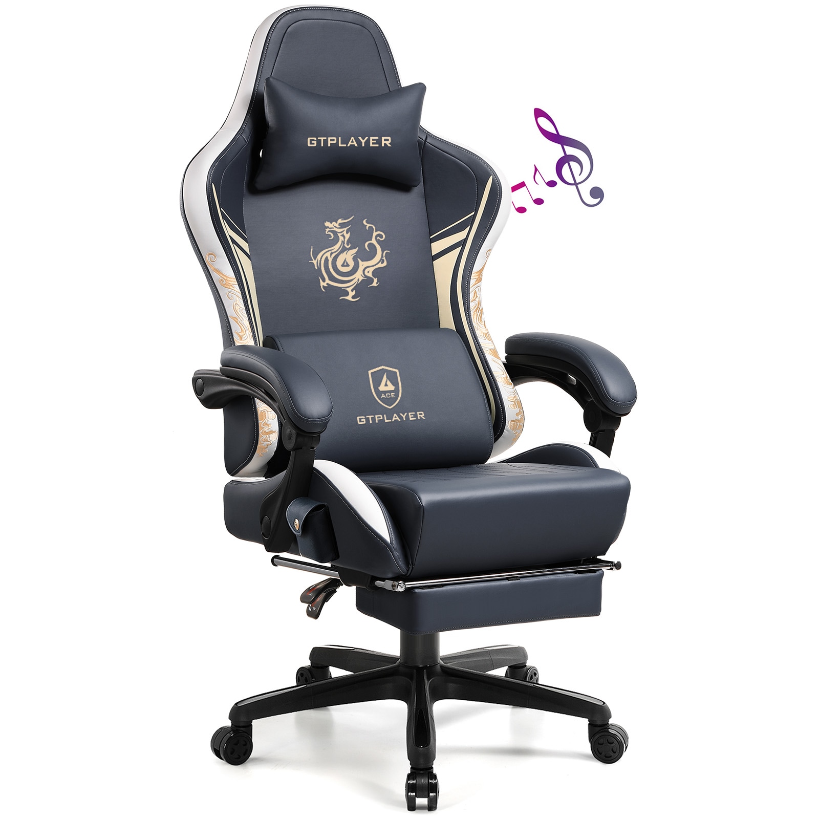 GTPLAYER LOWE'S-DRAGON-BU&GY Blue Gray Video Gaming Chair with Bluetooth Speakers Dragon Series Ergonomic Heavy Duty Computer Office Chair
