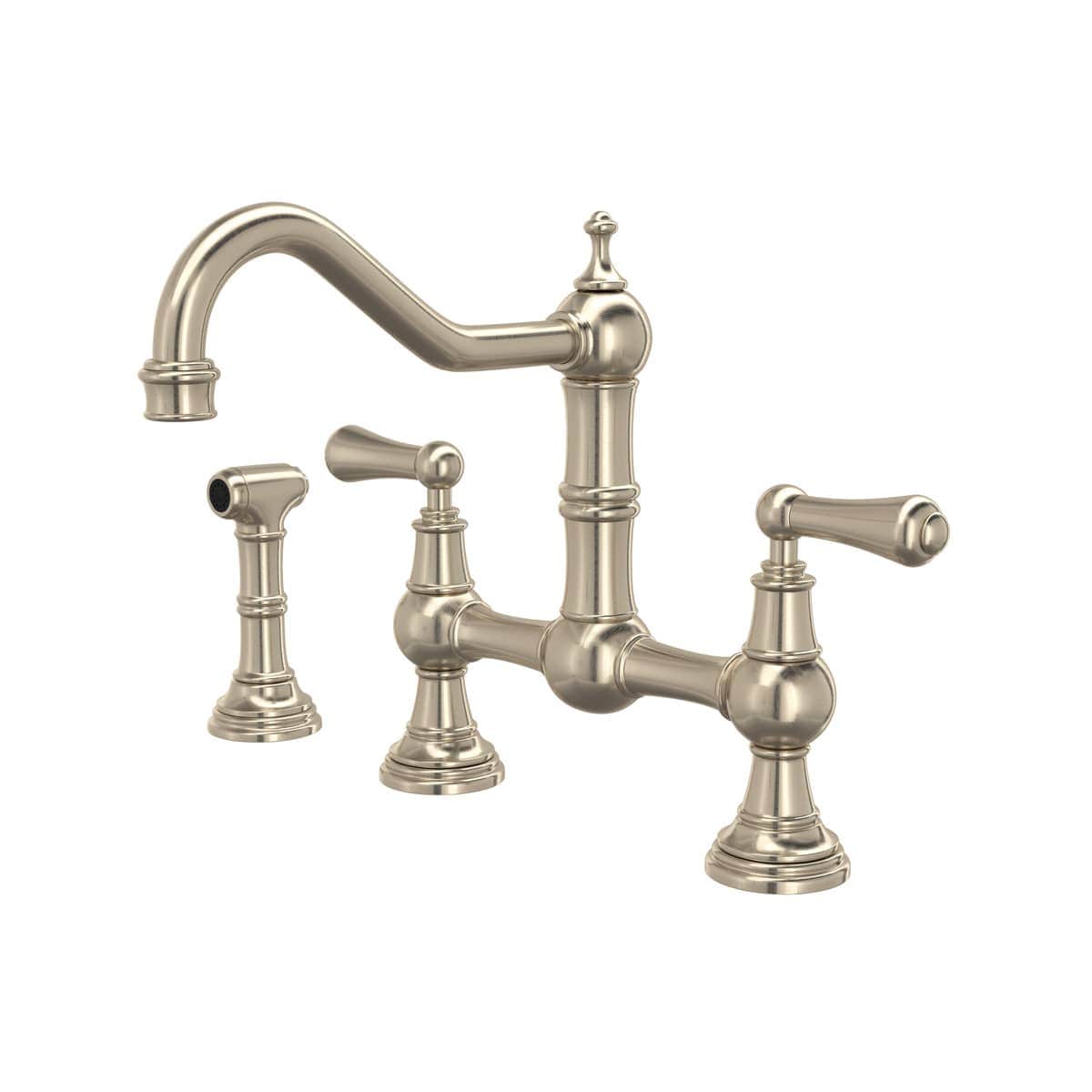 Rohl U.4756L-STN-2 Edwardian 1.8 GPM Deck Mount Bridge Kitchen Faucet in Satin Nickel with Lever Handles (Side Spray Included)