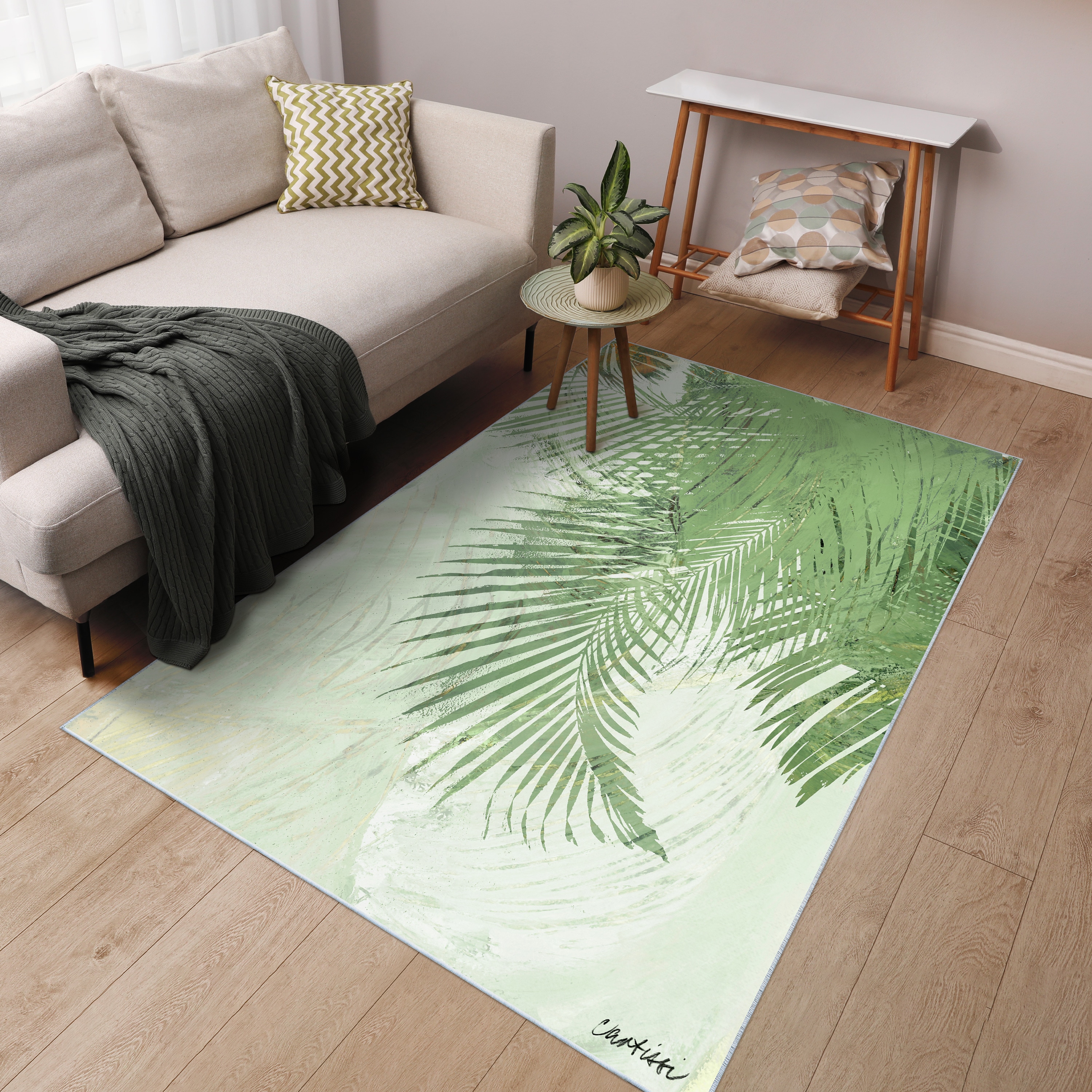 Green and Beige Synthetic Non-slip Washable 5' x 7' Area Rug