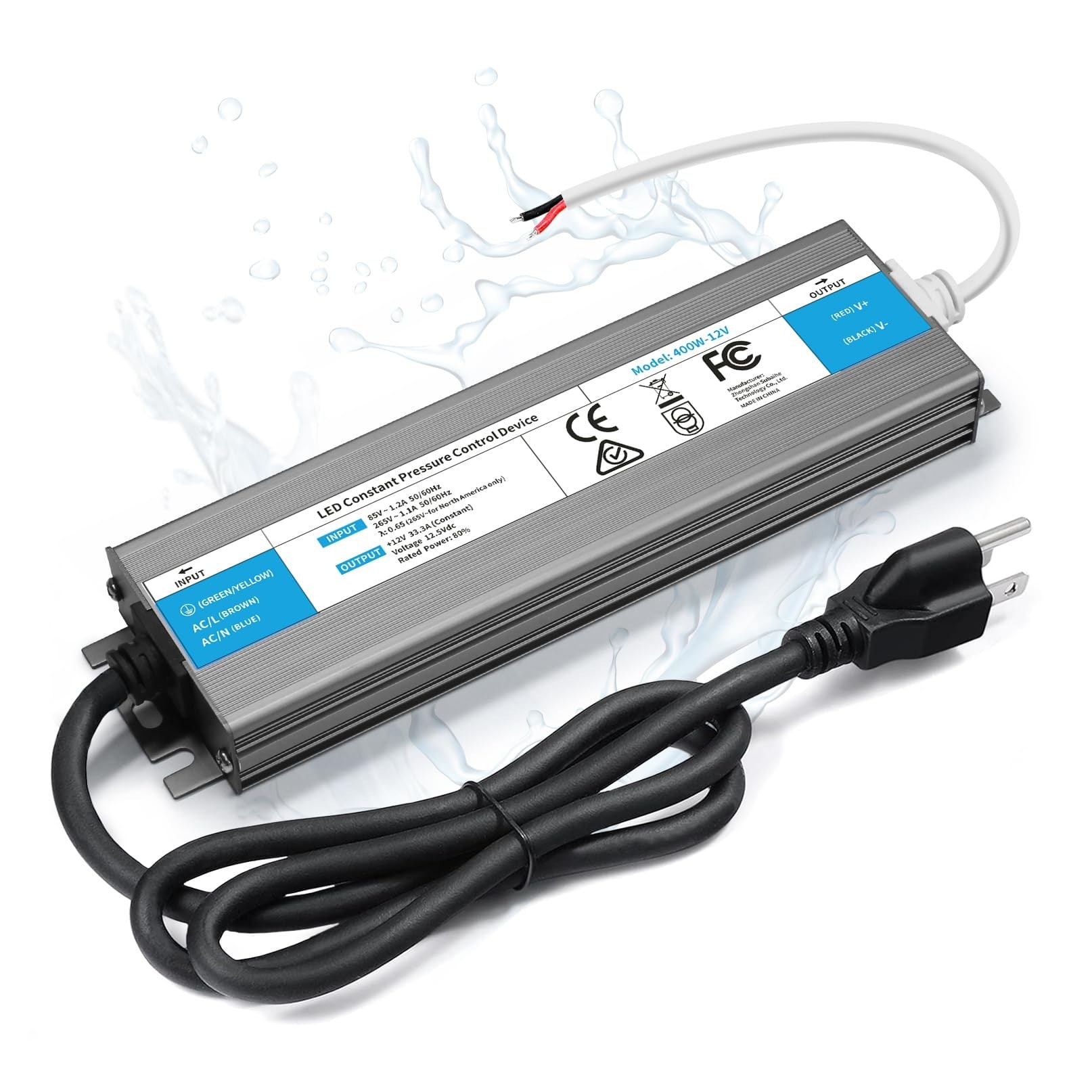 Etokfoks  400W IP67 waterproof LED driver power supply 85V to 265V AC to 12V DC converter with 3 ft cable and slim aluminum housing