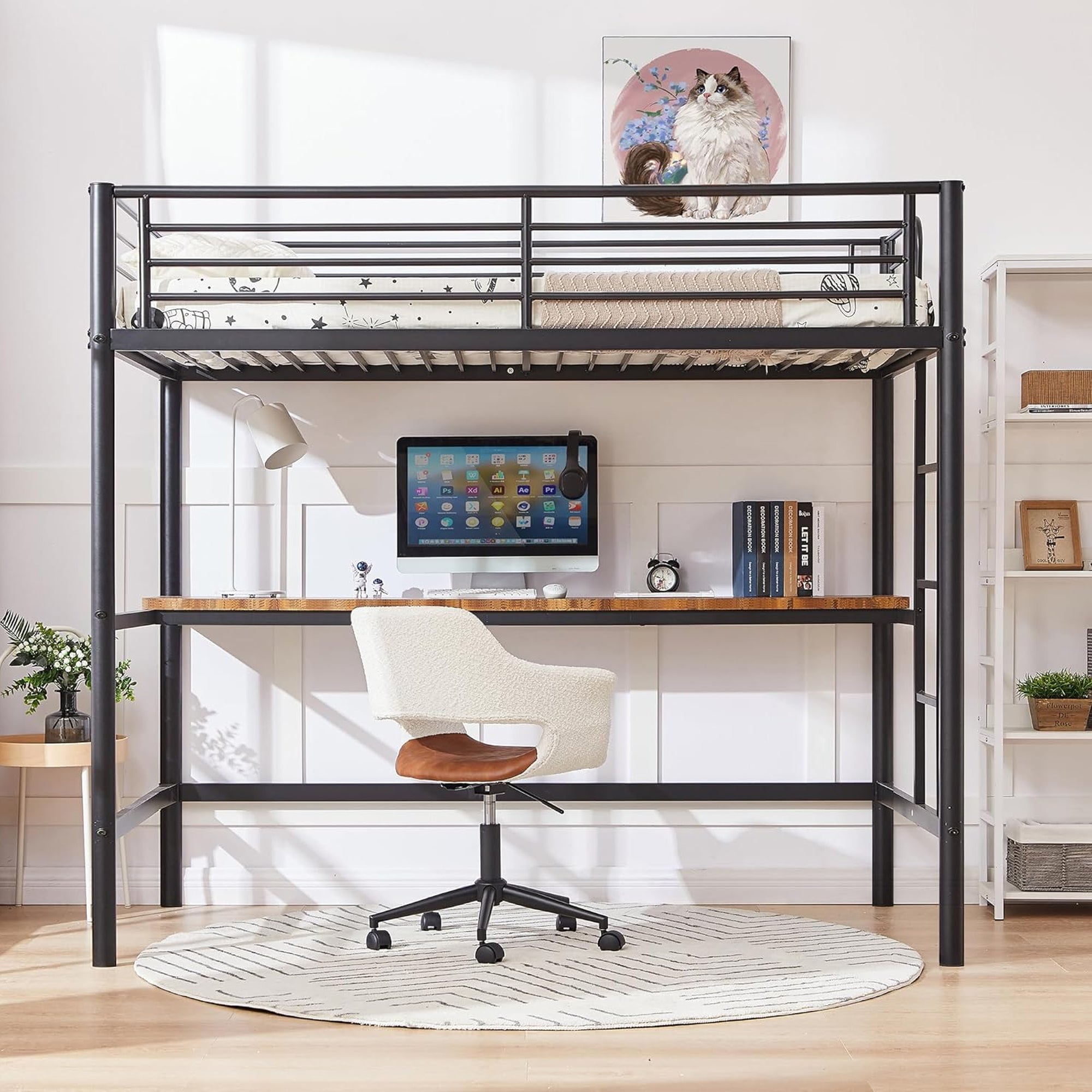 Vecelo LOE-T44-BLK Loft Bed Twin Size with Desk Metal Bed Frame with Removable Ladder and Safety Guardrail Space Saving Noise Free Matte Black