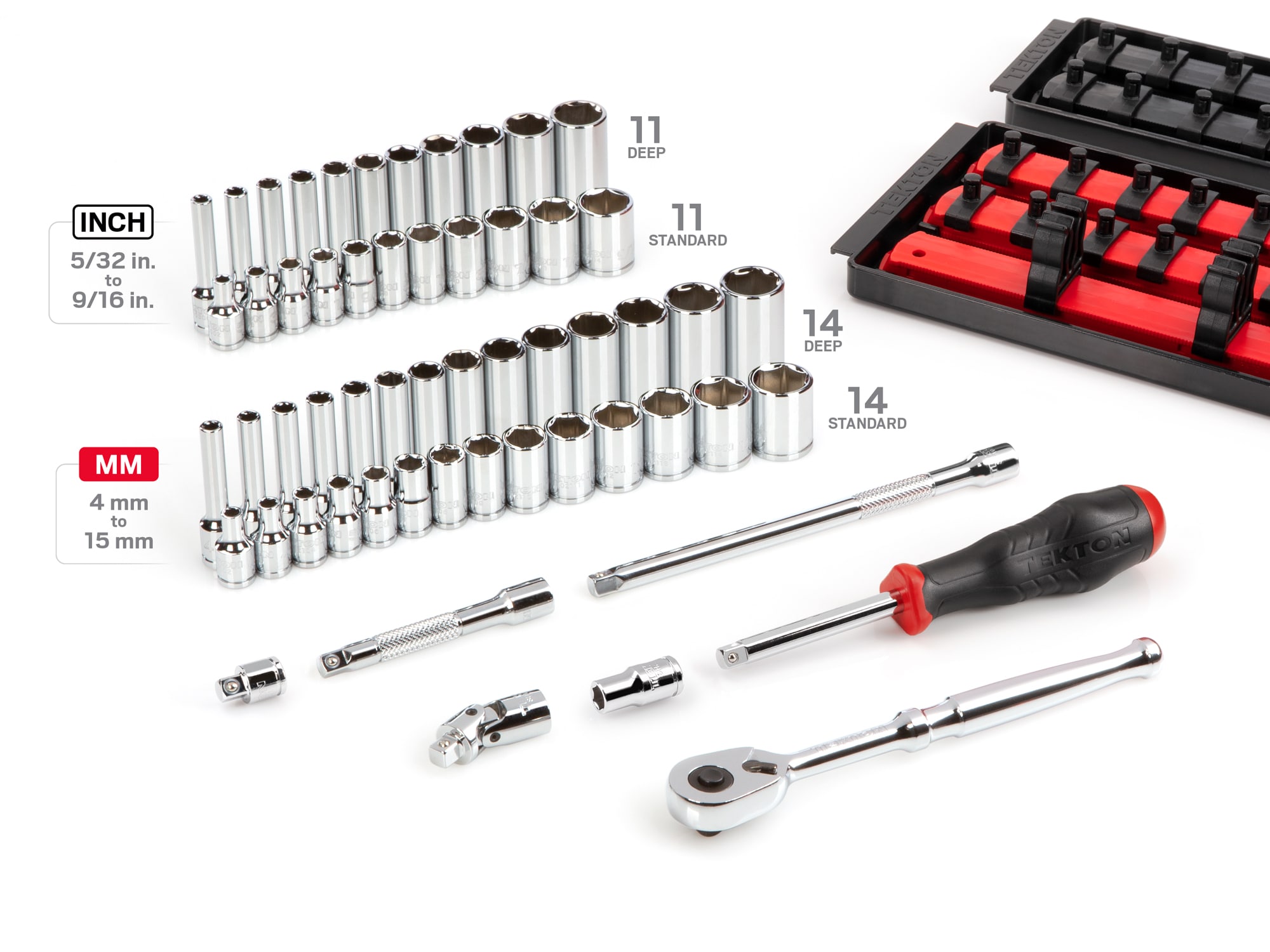 TEKTON 1/4-in Drive Standard (SAE) and Metric Shallow/Deep Socket Set (57-Pieces) SKT03301 Sansujyuku sansujyuku.com