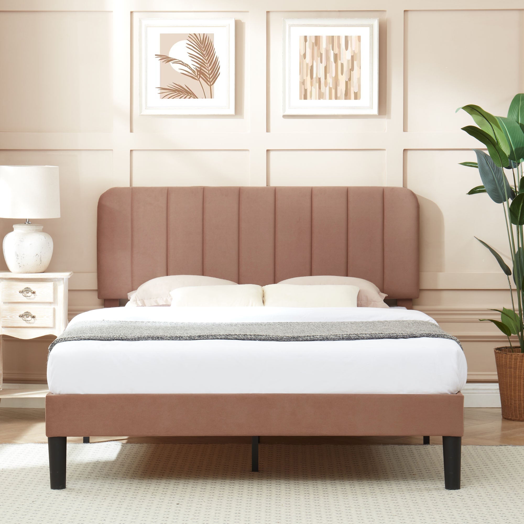 Vecelo LOE-CY-QB01-CFE Queen Size Queen Bed Frame Velvet Upholstered Platform with Adjustable Headboard Wooden Slat Coffee