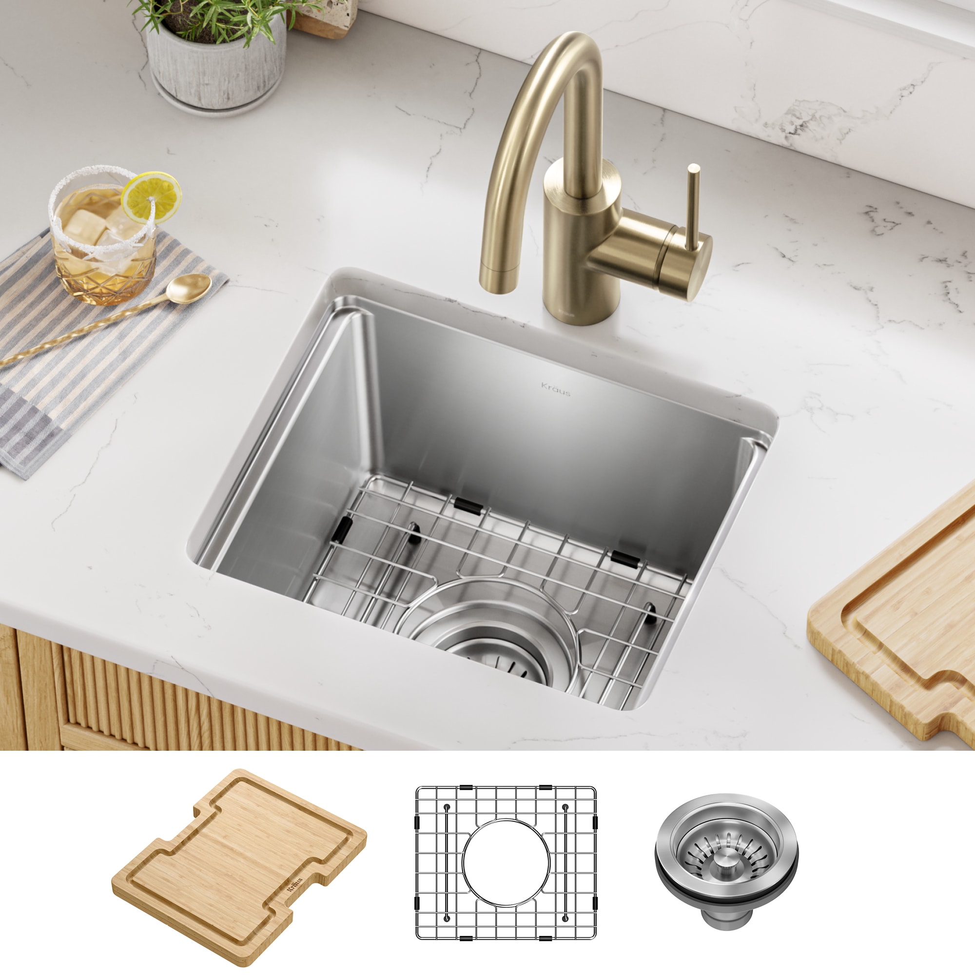 Kraus Fairlane 15 Undermount and Drop-in Workstation Single Bowl 18-Gauge Stainless Steel Bar Kitchen Sink with Accessories