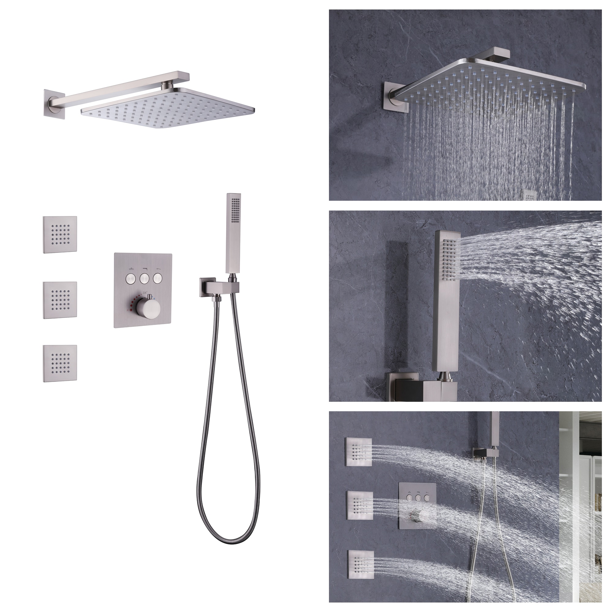 WELLFOR WB-SH018BN Brushed nickel 9.92-in Dual Head Built-In Shower Faucet System with 3-way Diverter ( Thermostatic Valve Included )