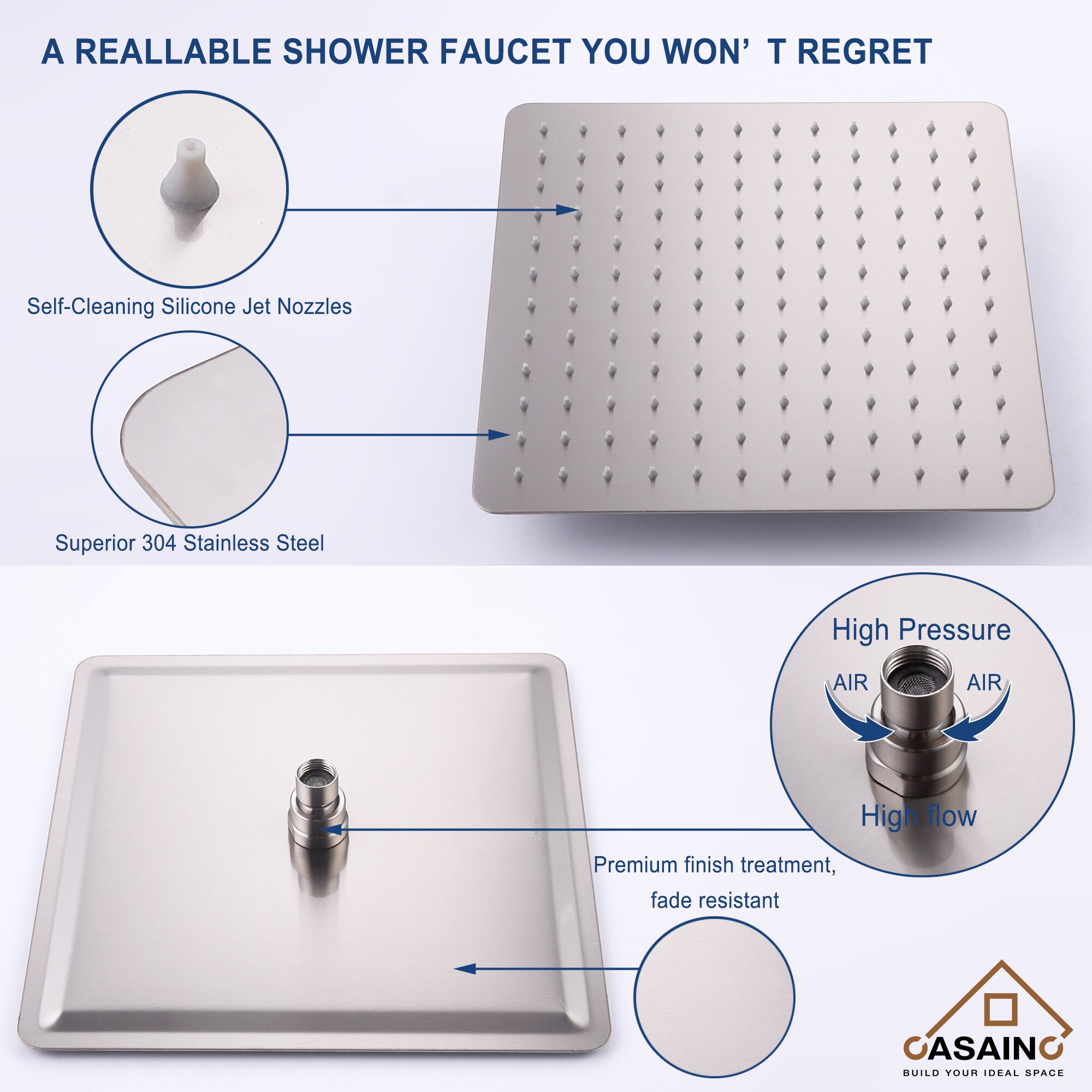 CASAINC Brushed Nickel Dual Head Waterfall Shower Bar System with 