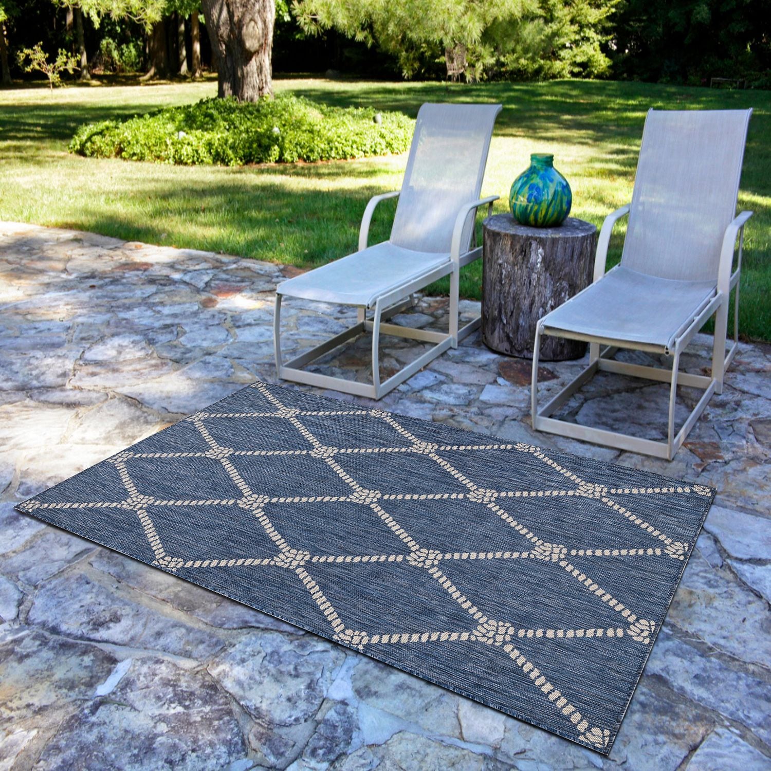 Coastal Charm Blue & White Geometric Flatweave Indoor-Outdoor Rug