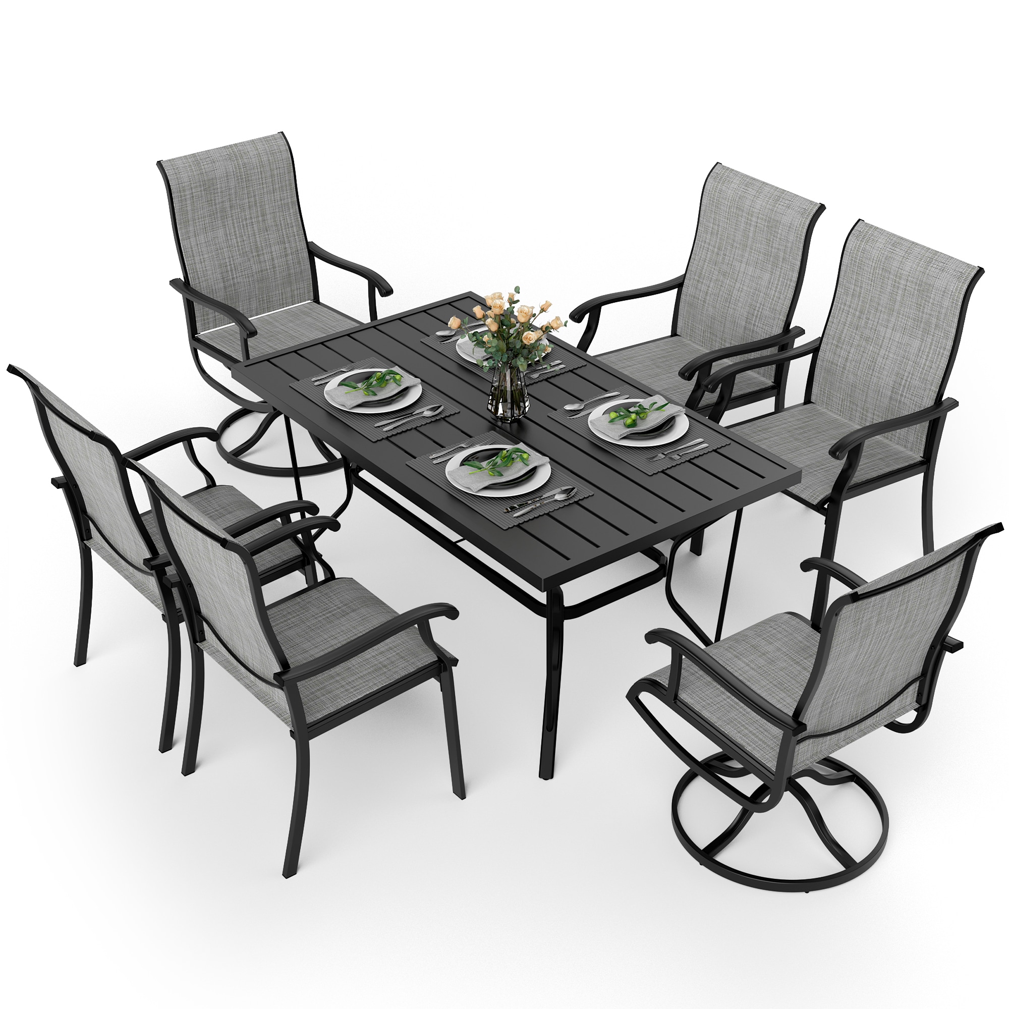 PamaPic TS-CZ-7JT-G-WL1 7 -Piece Black Patio Dining Set Iron Rectangle Table with 6 Gray Swivel Chairs