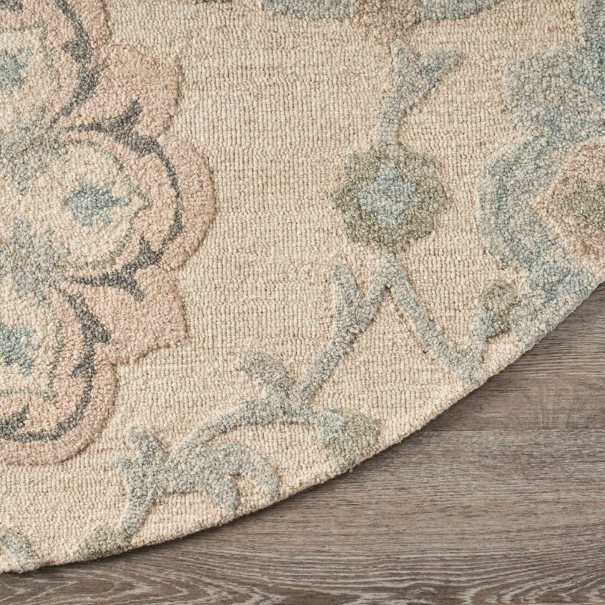 Ivory and Light Blue Round Floral Wool Area Rug
