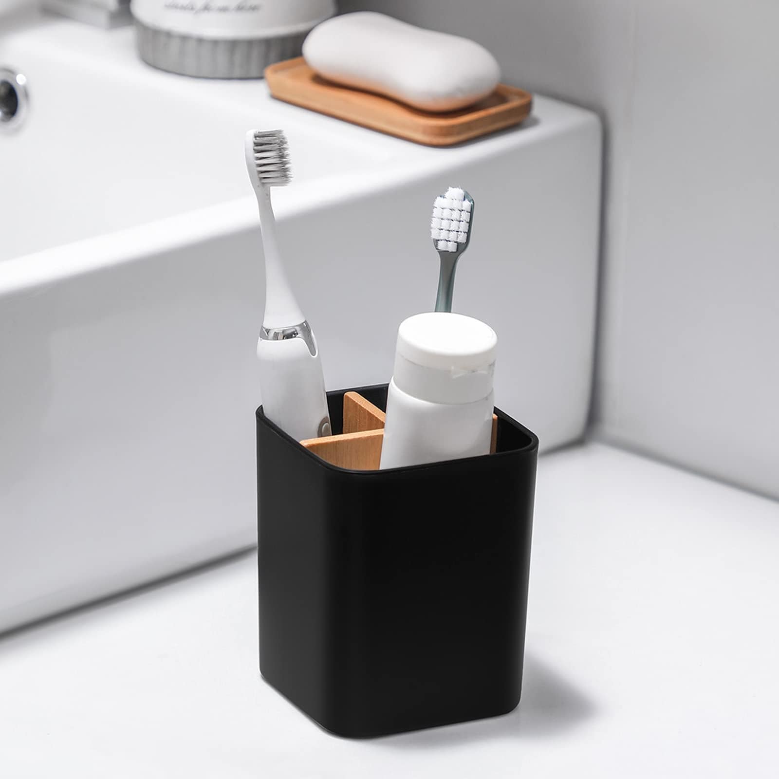 Phyfalip Bamboo Toothbrush Holder for Bathroom Counter Organizer 3 Slot ...