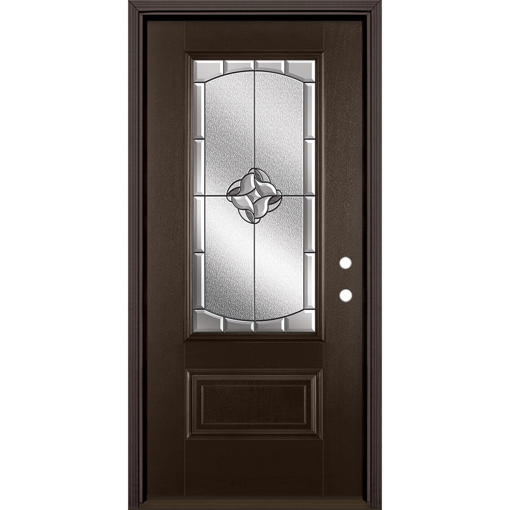 Masonite 3422815 Rozet 36-in x 80-in x 4-9/16-in Fiberglass 3/4 lite Left-hand inswing Walnut Stained Prehung Single door Front Door with Brickmould Insulating core Decorative glass