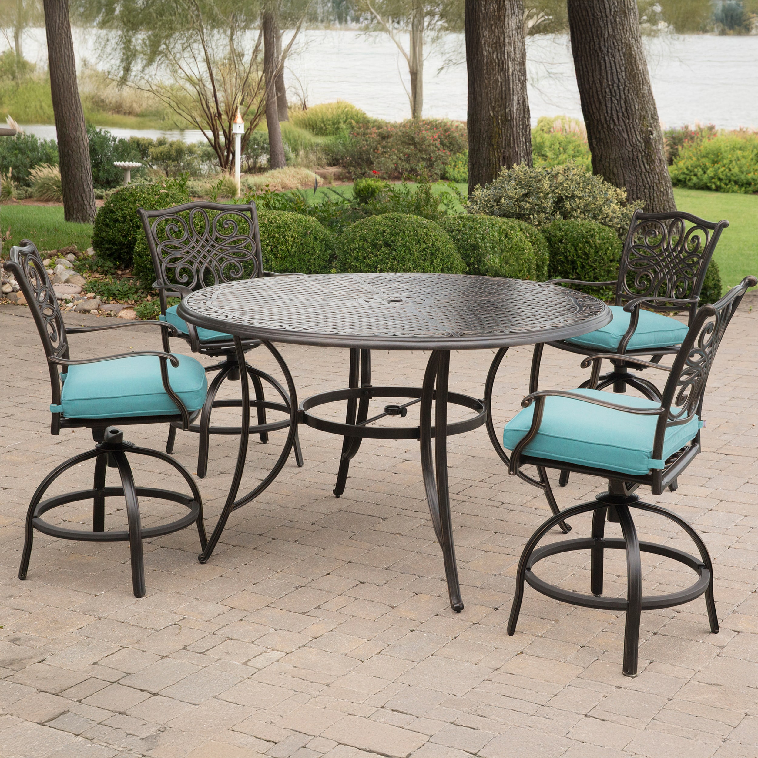 Hanover Blue 5-Piece High-Dining Set with Swivel Chairs and Cast-Top Table