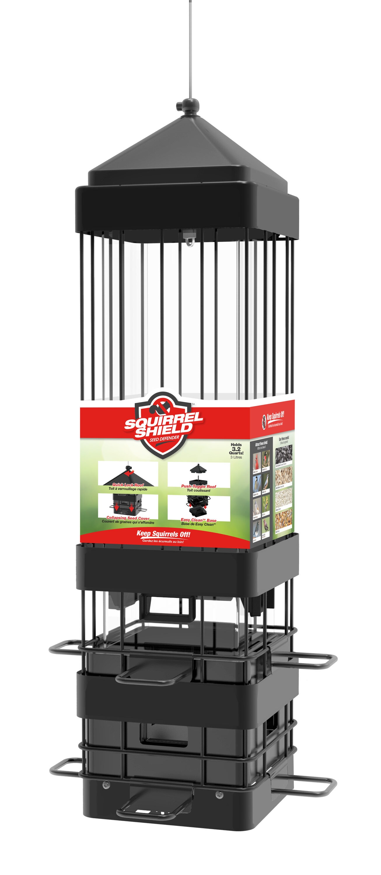 Black Metal and Plastic Hanging Squirrel-Resistant Bird Feeder