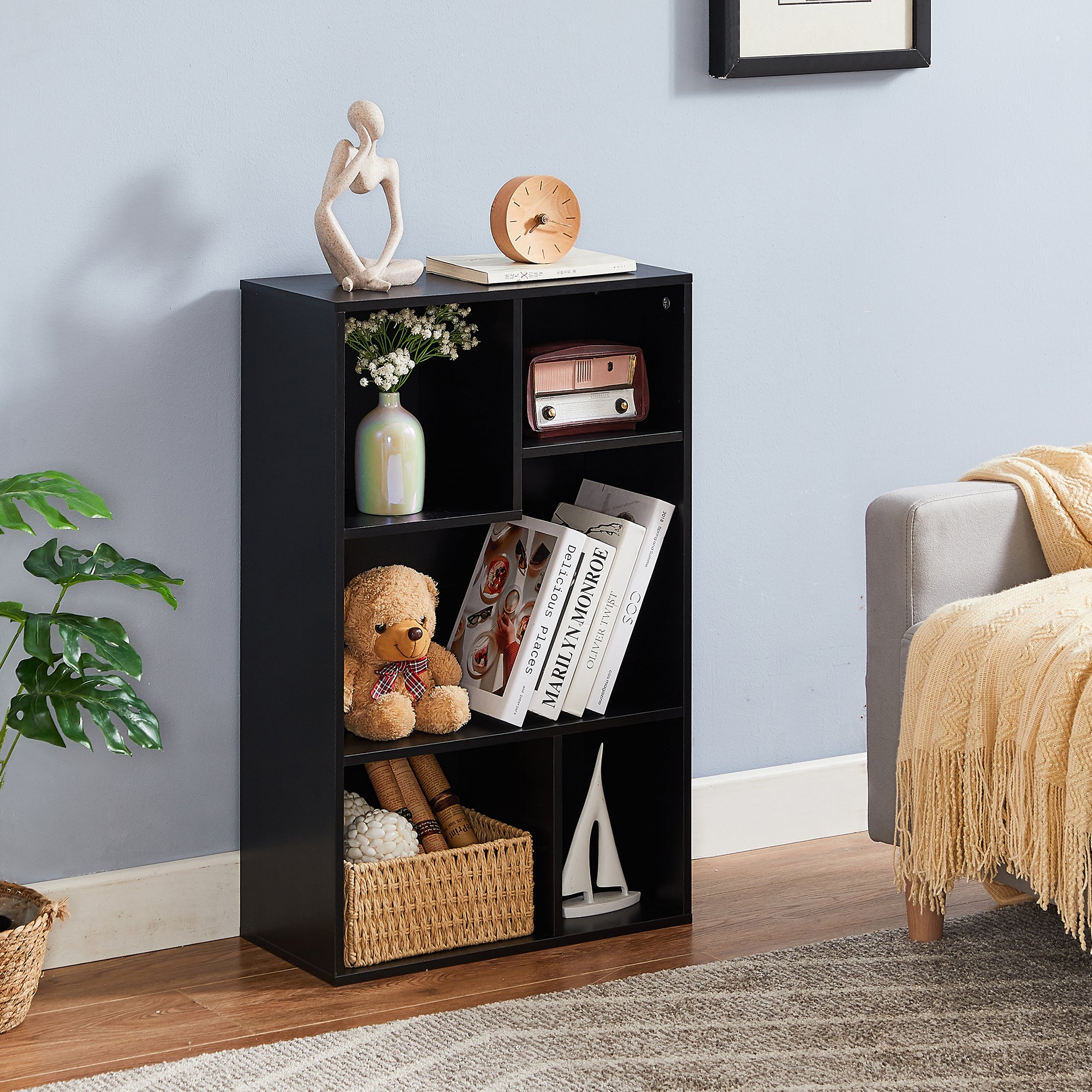 Vecelo LOE-B10-BLK 5 Cube Modern Bookcases 3 Tier Bookshelves High Cubby Storage Organizer Vertical or Horizontal Use Available