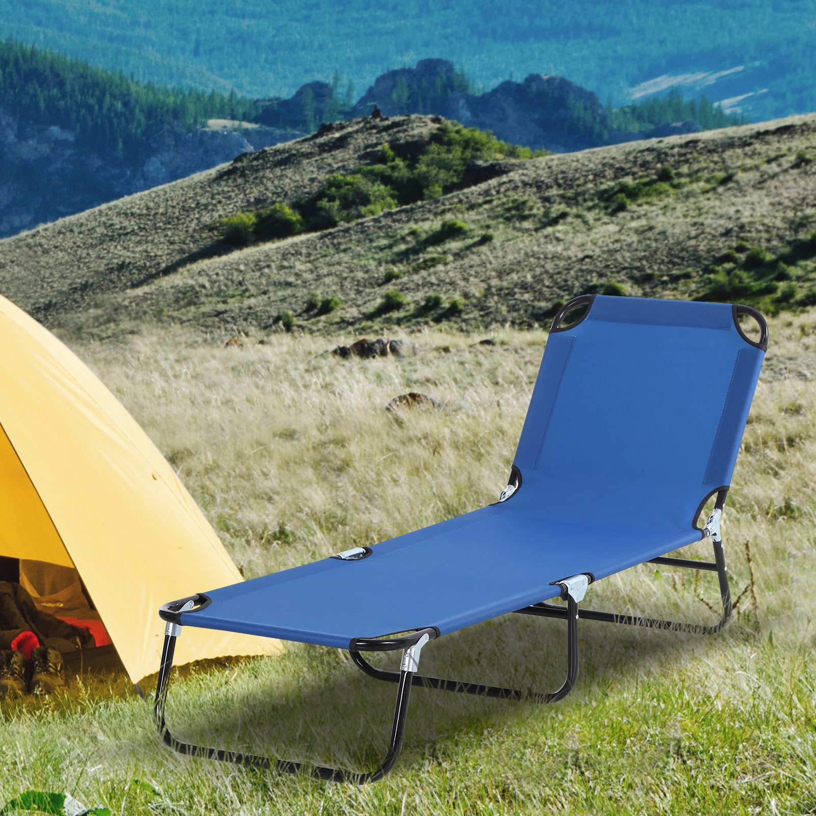 Blue Steel Frame Folding Outdoor Chaise Lounge Chair