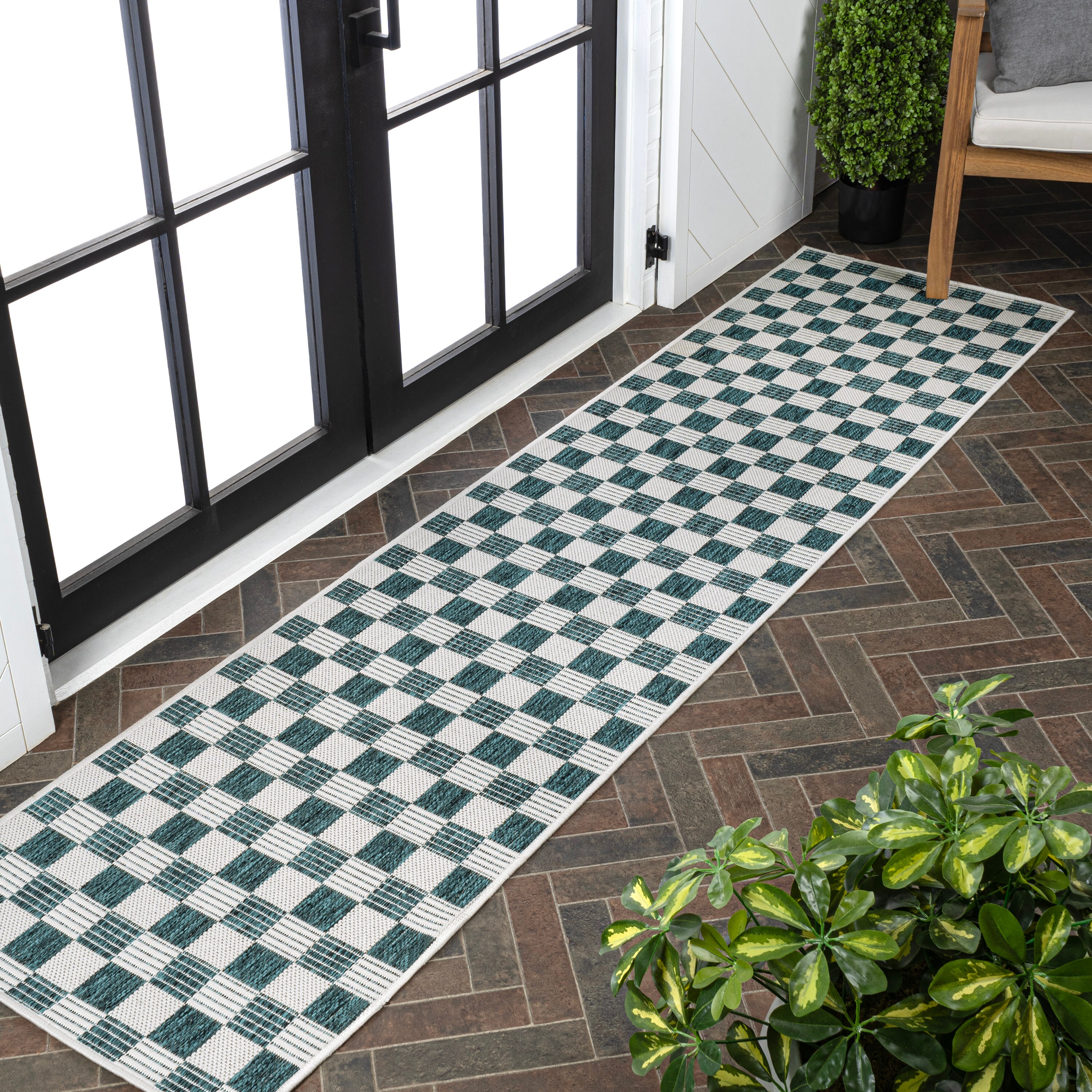 JONATHAN  Y TSN204E-28 TUSCAN SUN Aimee Cottage Checkerboard 2 x 8 (ft) Loomed Polypropylene Turquoise/Cream Rectangular Indoor/Outdoor Geometric Farmhouse/Cottage Runner rug