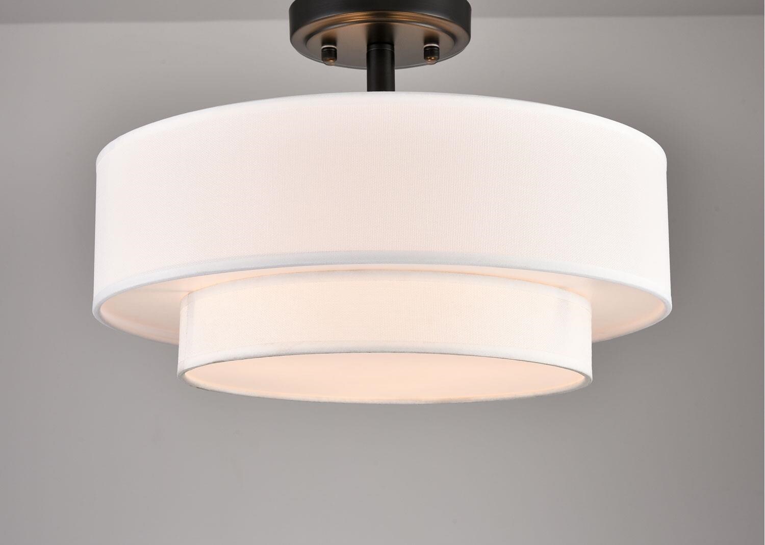 Polished Black Dual-Layer Drum Fabric Shade Semi Flush Mount Light