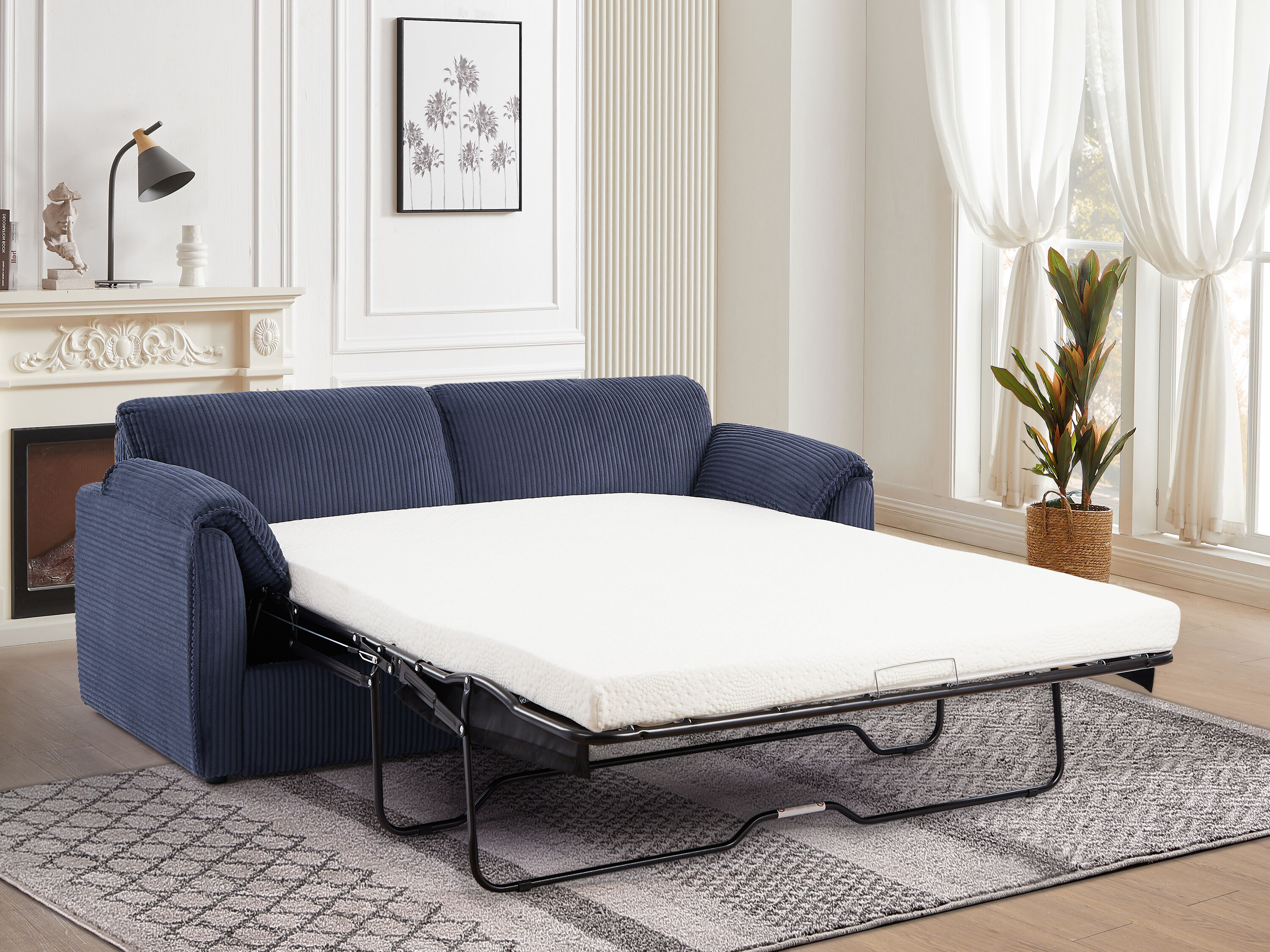 GDFStudio 341257 Modern 79 Inches Multi Functional Sleeper Sofa Bed Blue