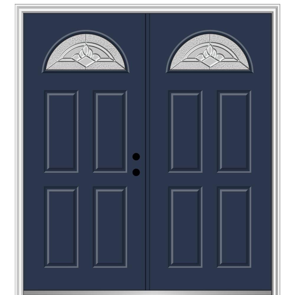 MMI DOOR ZZ366029L 72-in x 80-in x 4-9/16-in Fiberglass 1/4 lite Left-hand inswing Naval Painted Prehung Double Front Door with Brickmould Insulating core
