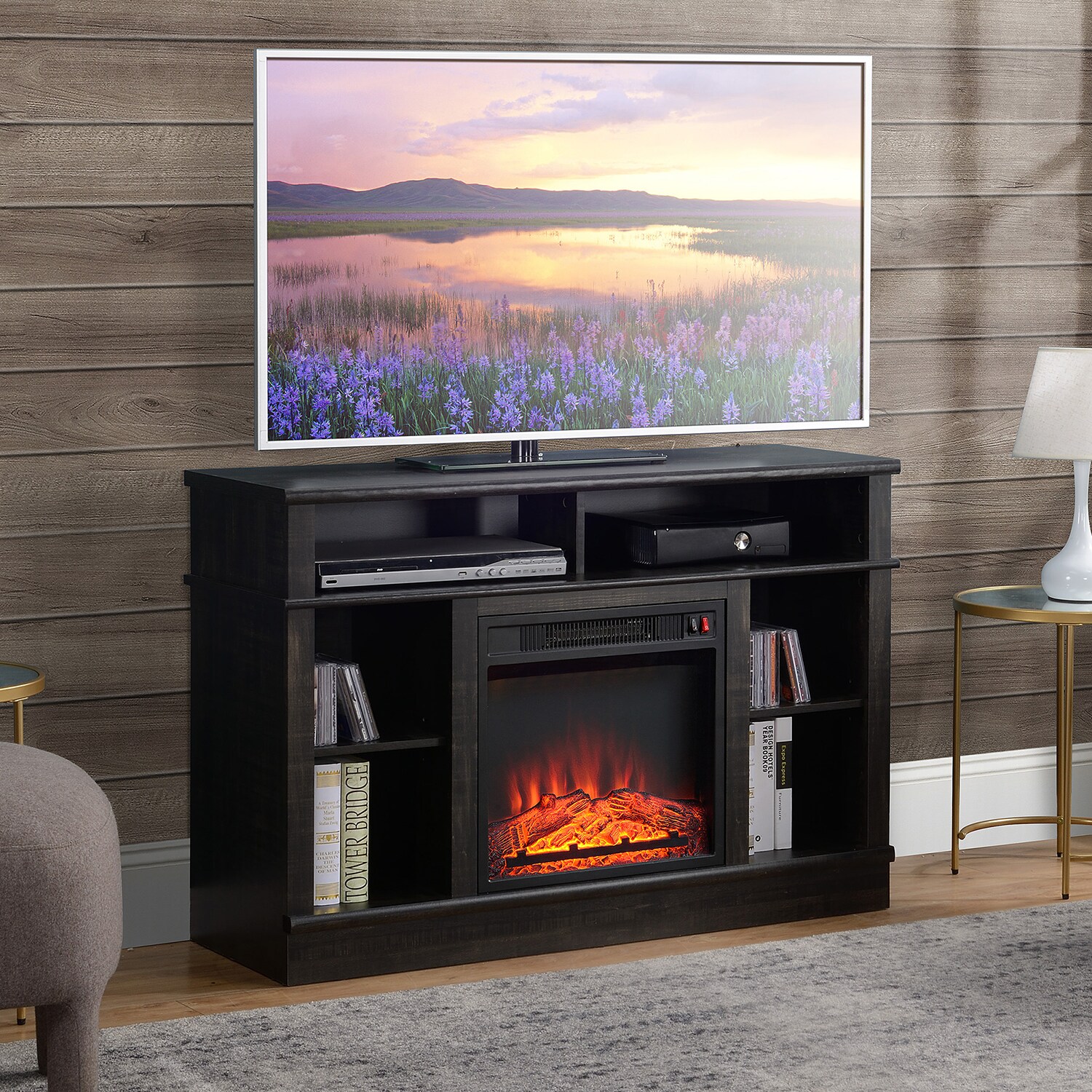 HomCom 44.5-in W Black TV Stand with Fan-forced Electric Fireplace at ...