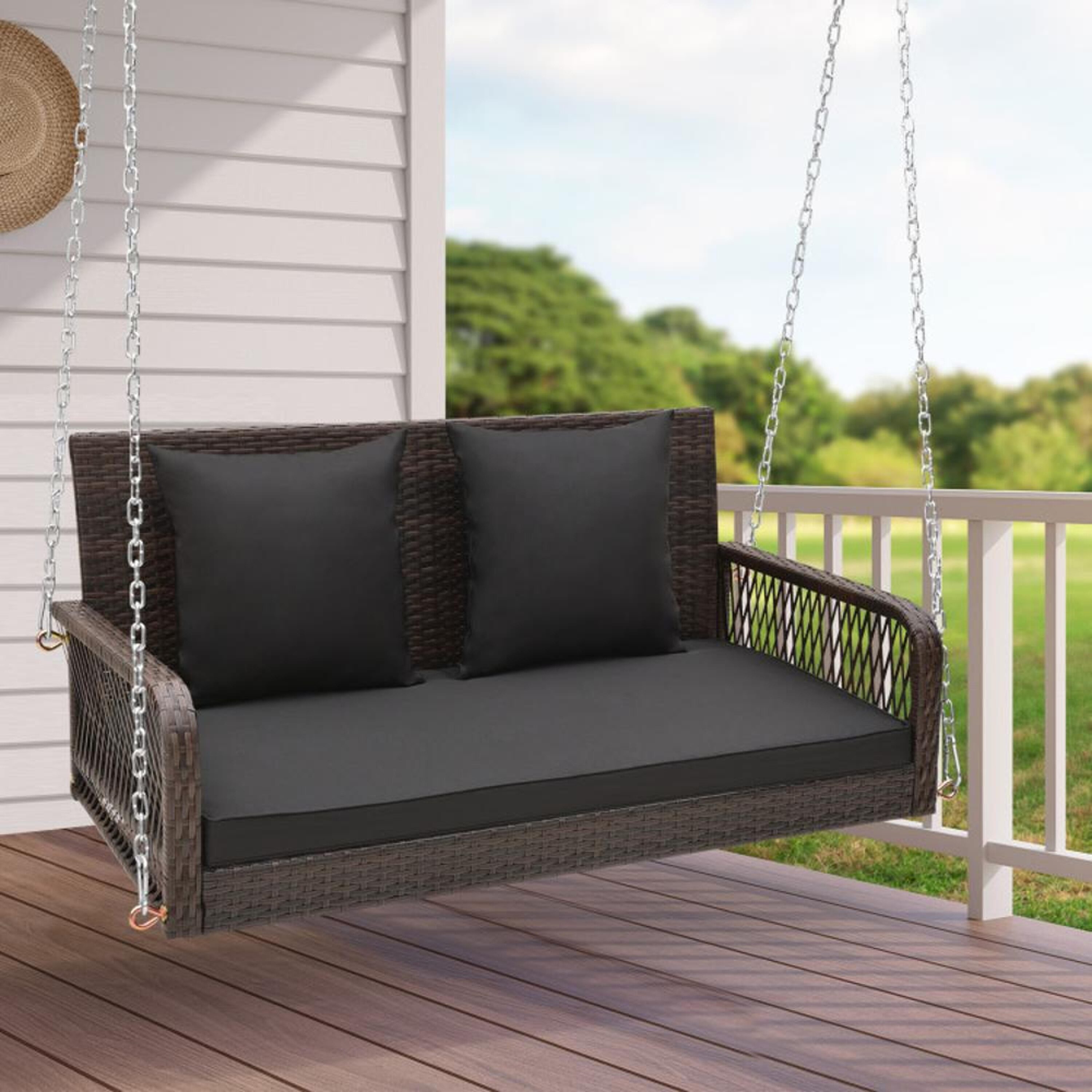 BABOOM Outdoor Wicker Porch Swing 2-person Mix Brown Iron Outdoor Swing ...