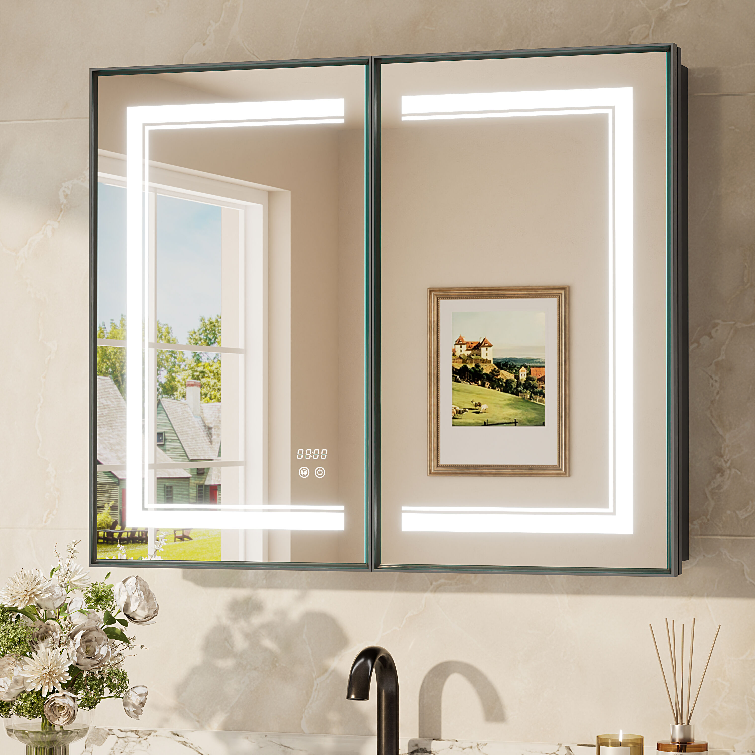 Keonjinn Led Medicine Cabinet Mirror 36-in x 30-in Lighted LED Fog Free Surface/Recessed Mount Matte Black Mirrored Rectangle Soft Close Medicine Cabinet with Outlet