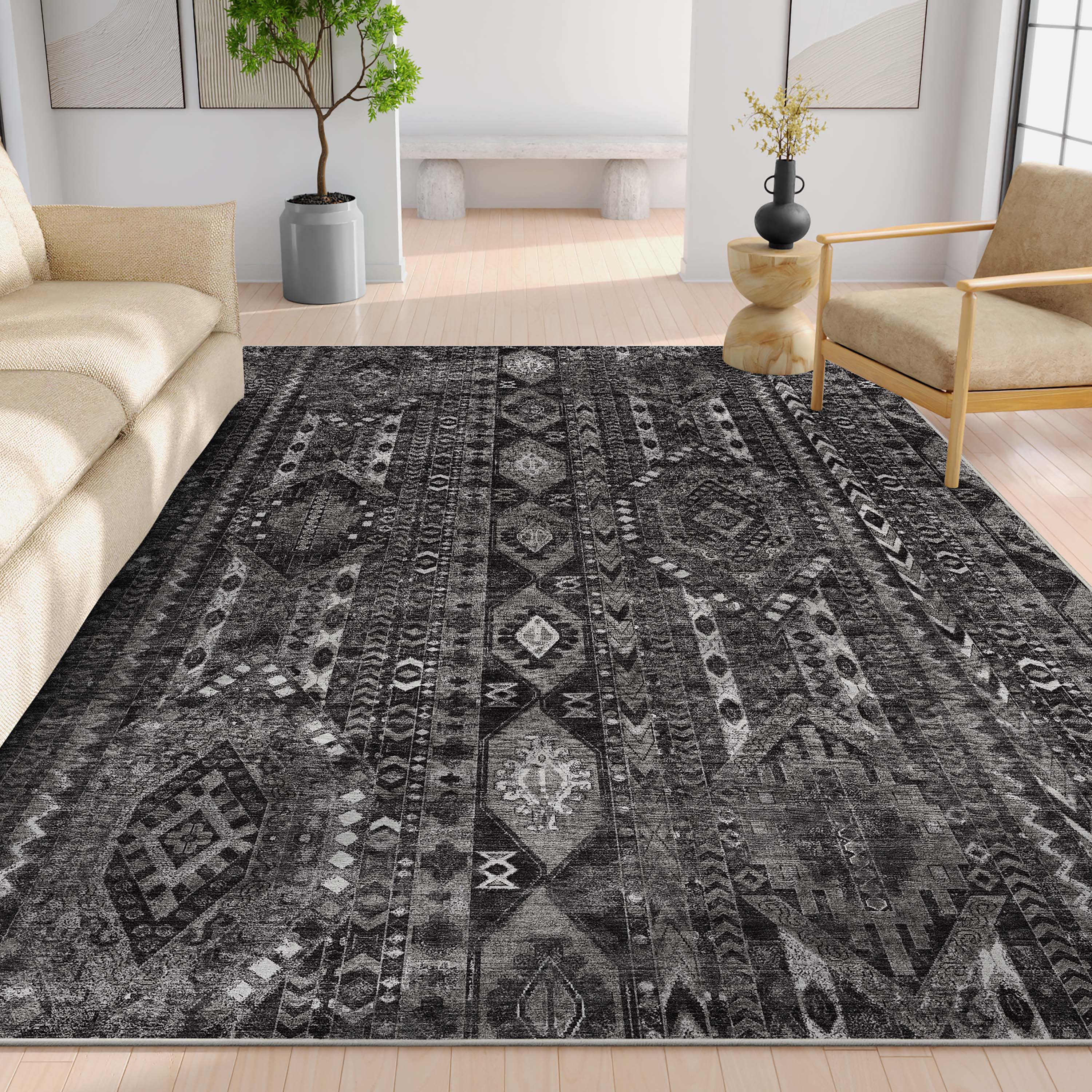 Well Woven W-VN-07J-5 Apollo 5 x 7 (ft) Loomed Polyester Black Grey Rectangular Indoor Tribal Vintage Area rug